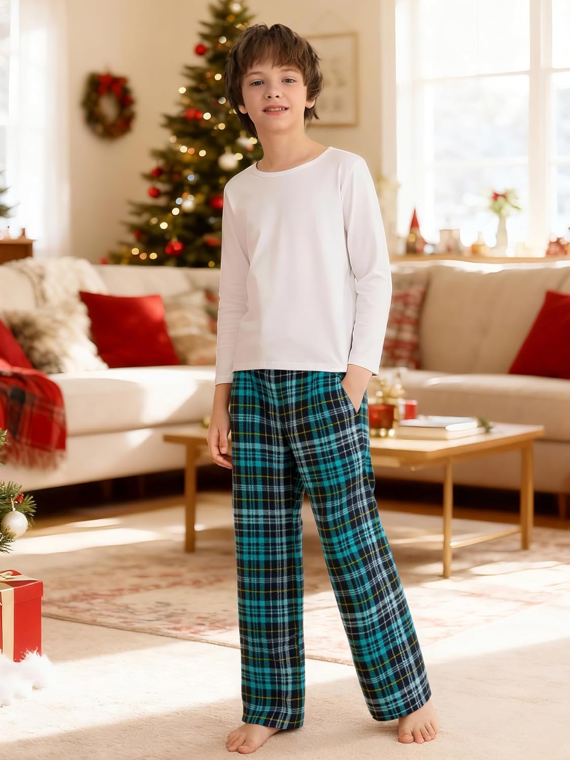 Motarto Boys Pants Kids Soft Micro Fleece Plaid Pants Elastic Waistband with Pockets Drawstring