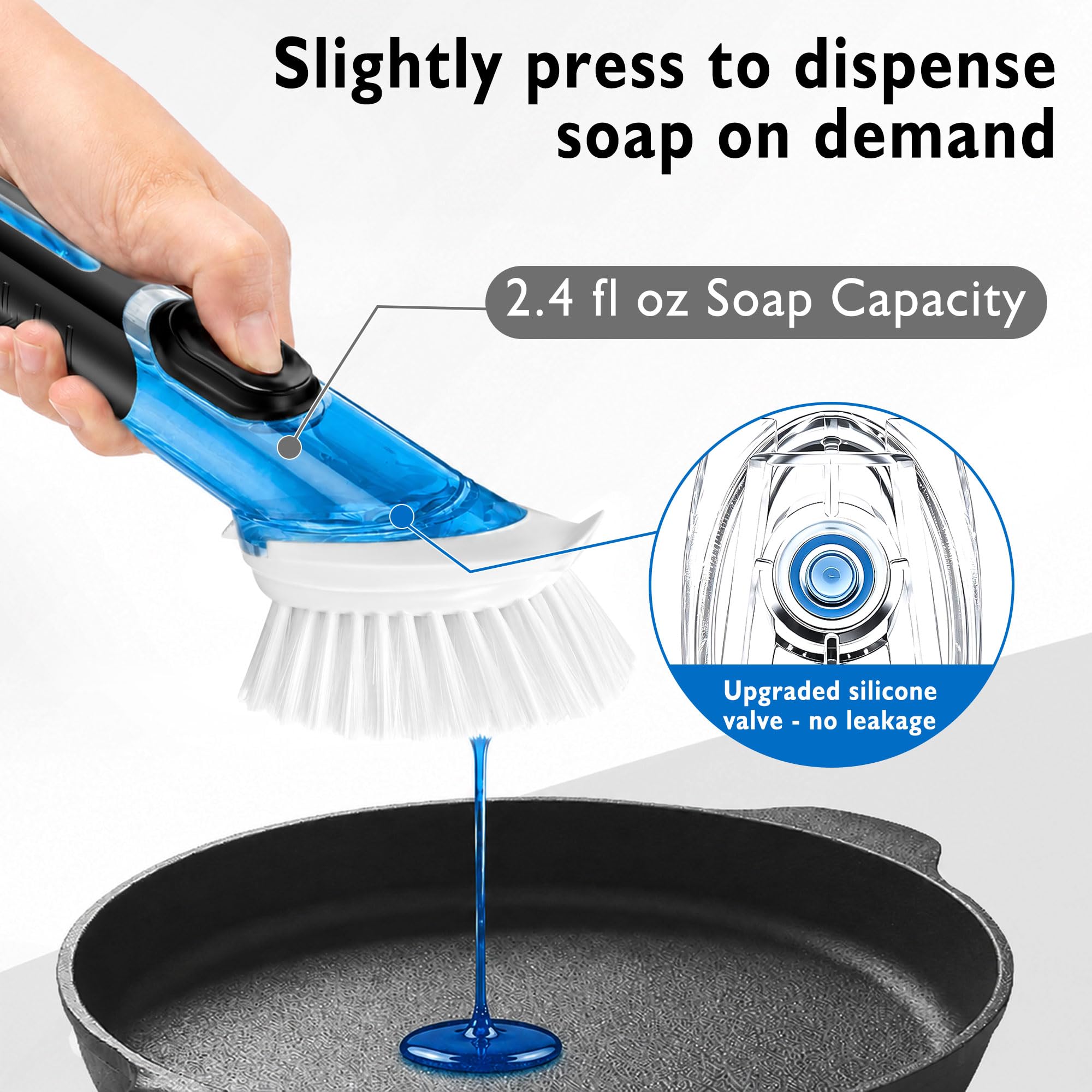 Soap Dispensing Dish Brush with Holder & 2 Replaceable Heads