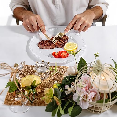 Miniatura 6 de DaYammi Juego de 150 cubiertos de plástico desechables dorados, 50 tenedores, 50 cuchillos, 50 cucharas, juego de utensilios desechables dorados de