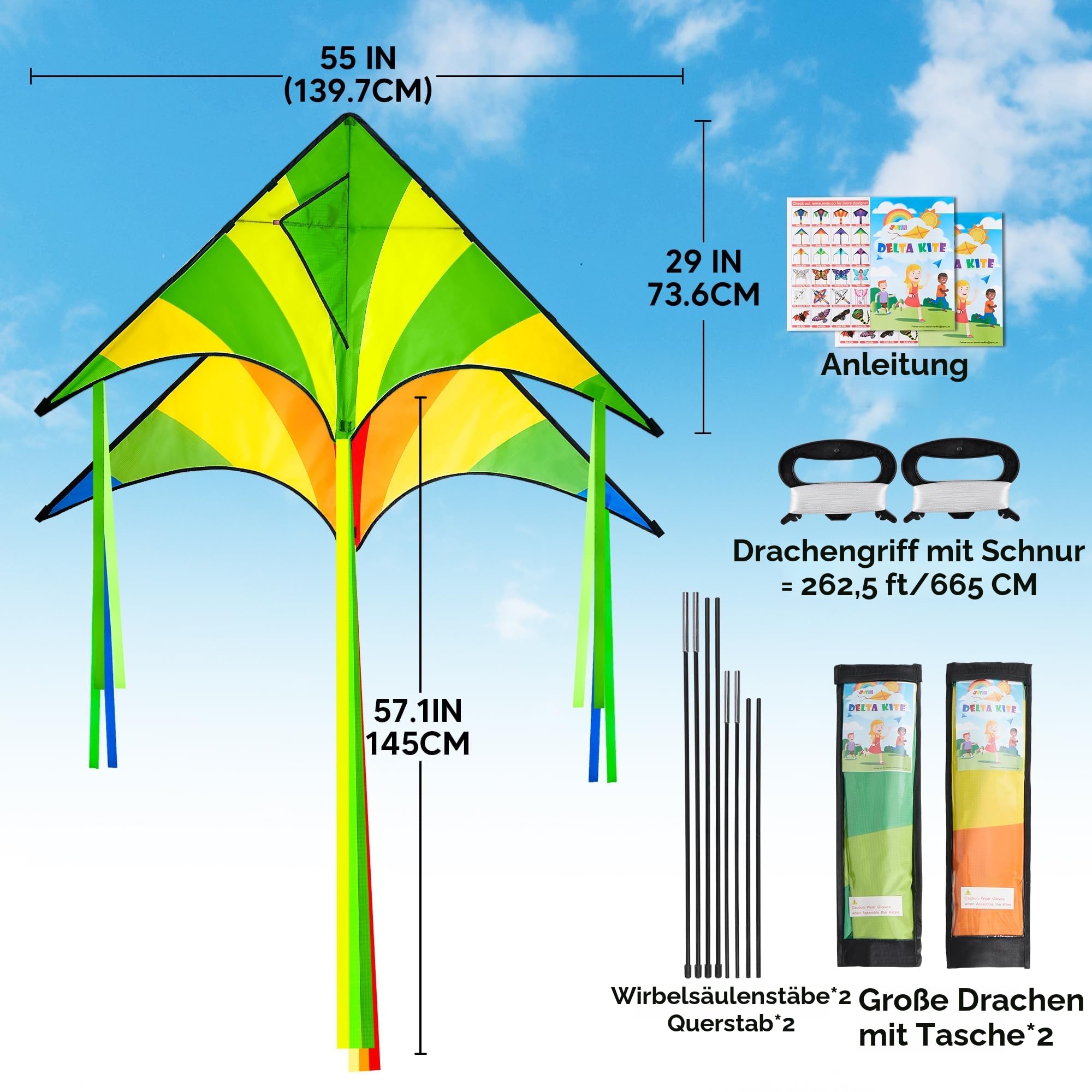 JOYIN 2 Packs Großer Delta Drachen Grün und Regenbogen, Einfach zu Fliegen für Kinder, Stranddrachen Mit 262,5 Fuß Langer Schnur und Flugspielzeug für Outdoor
