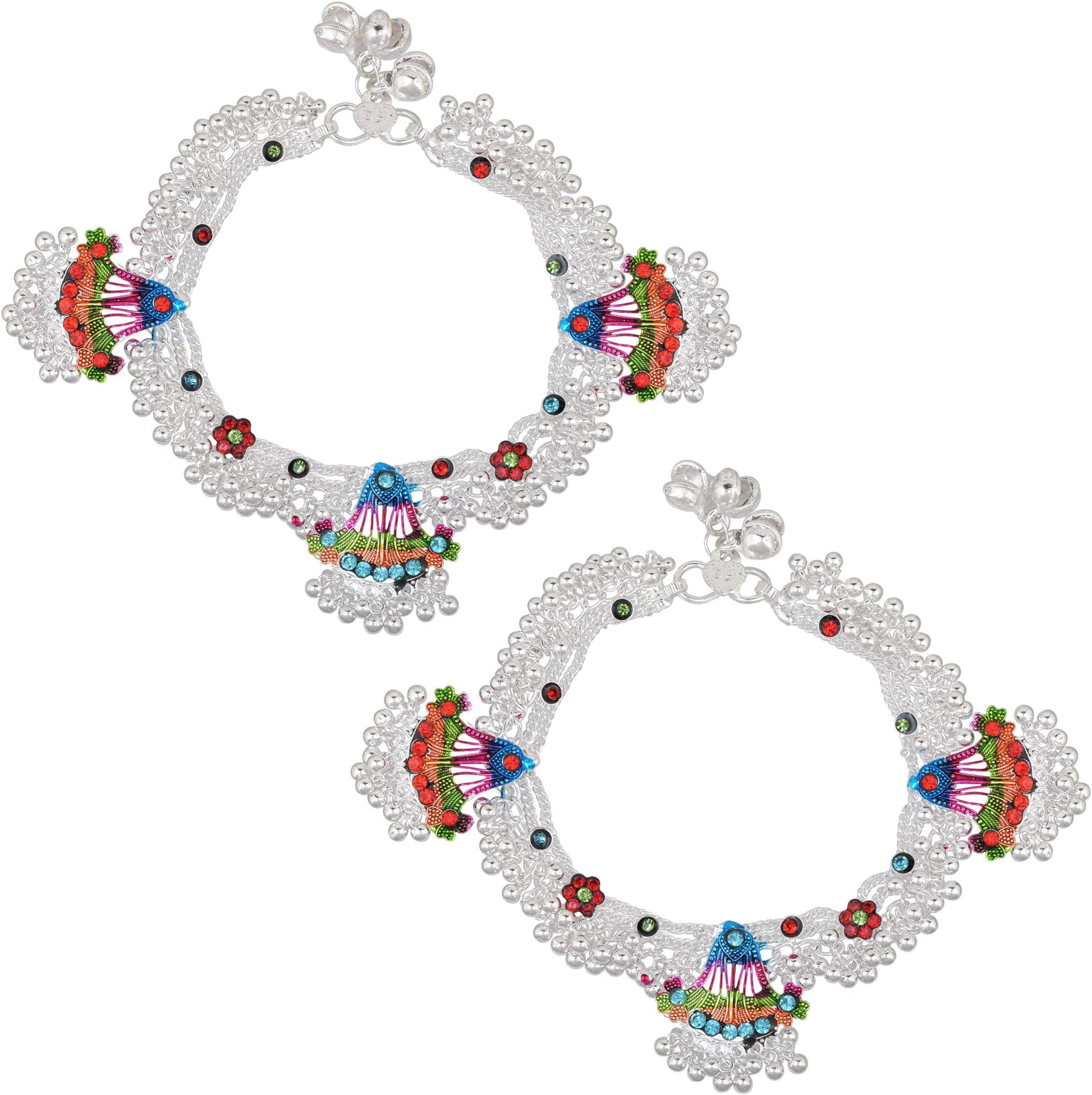 MemoirSilver plated, broad Colourful Tradiitonal Anklet Fashion Payal Pajeb Women