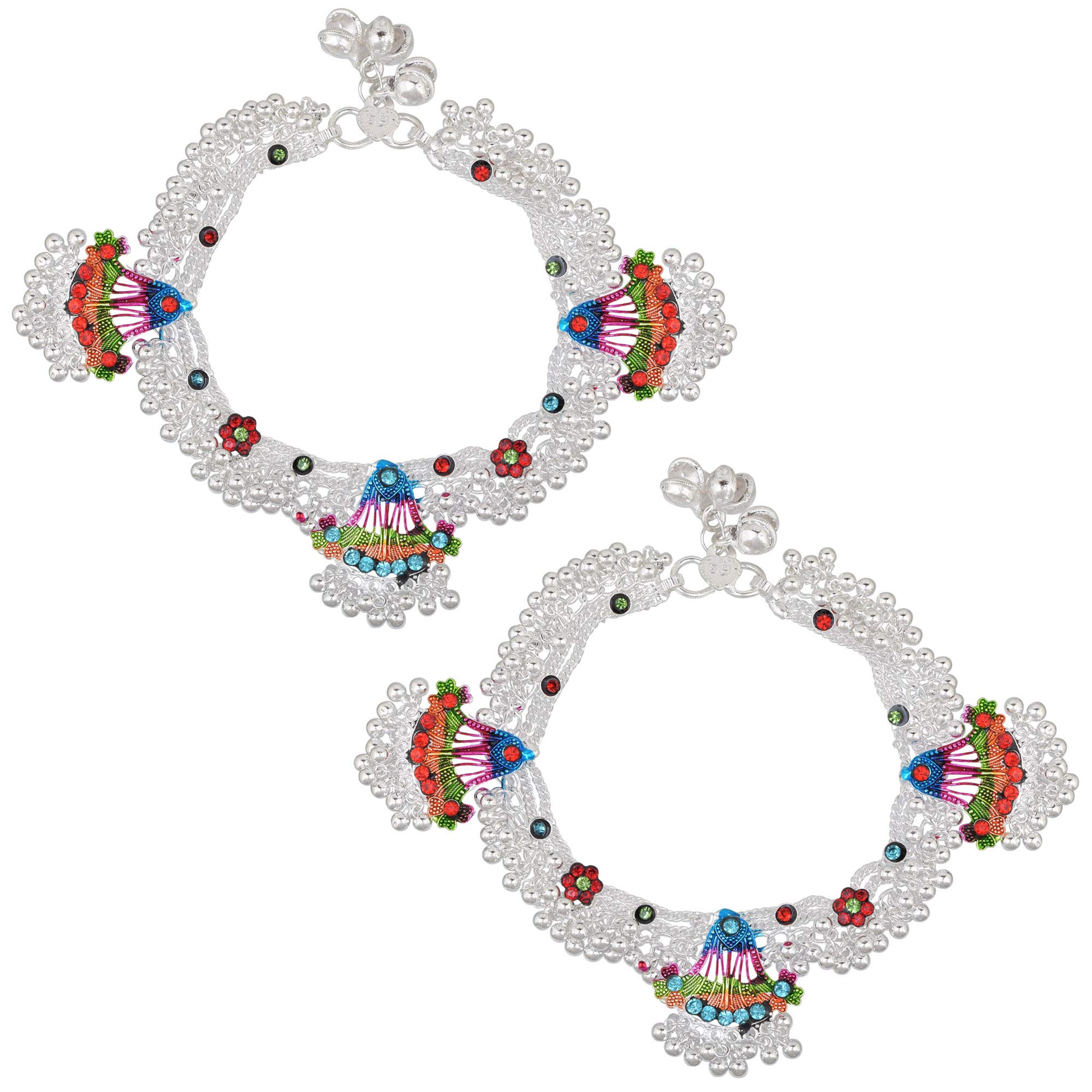 MemoirSilver plated, broad Colourful Tradiitonal Anklet Fashion Payal Pajeb Women