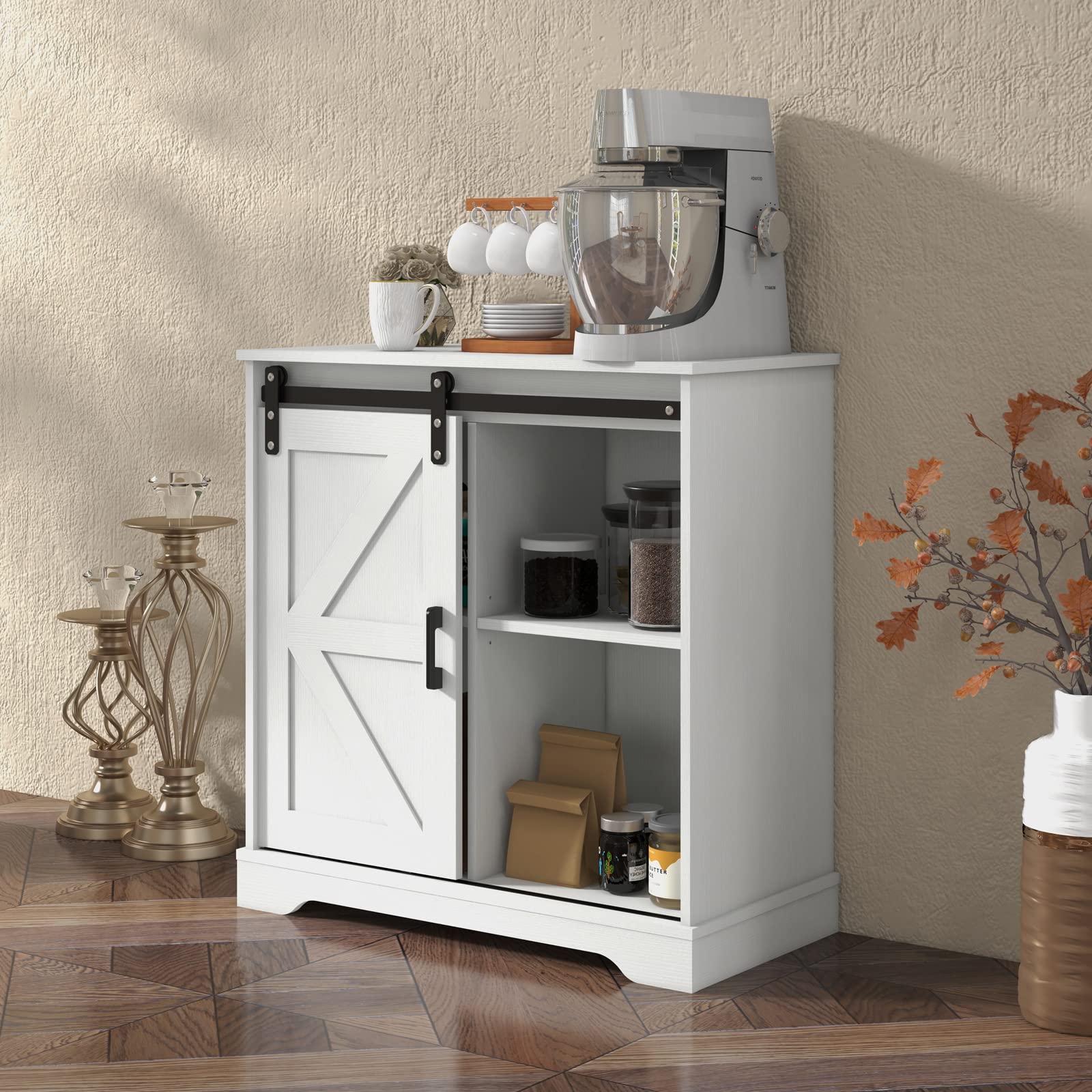 Panana Sideboard, Küchenschrank mit Schiebetür und Verstellbarem Regal, Aufbewahrungsschrank für Küche, Wohnzimmer, Esszimmer (Weiß), FRSB55