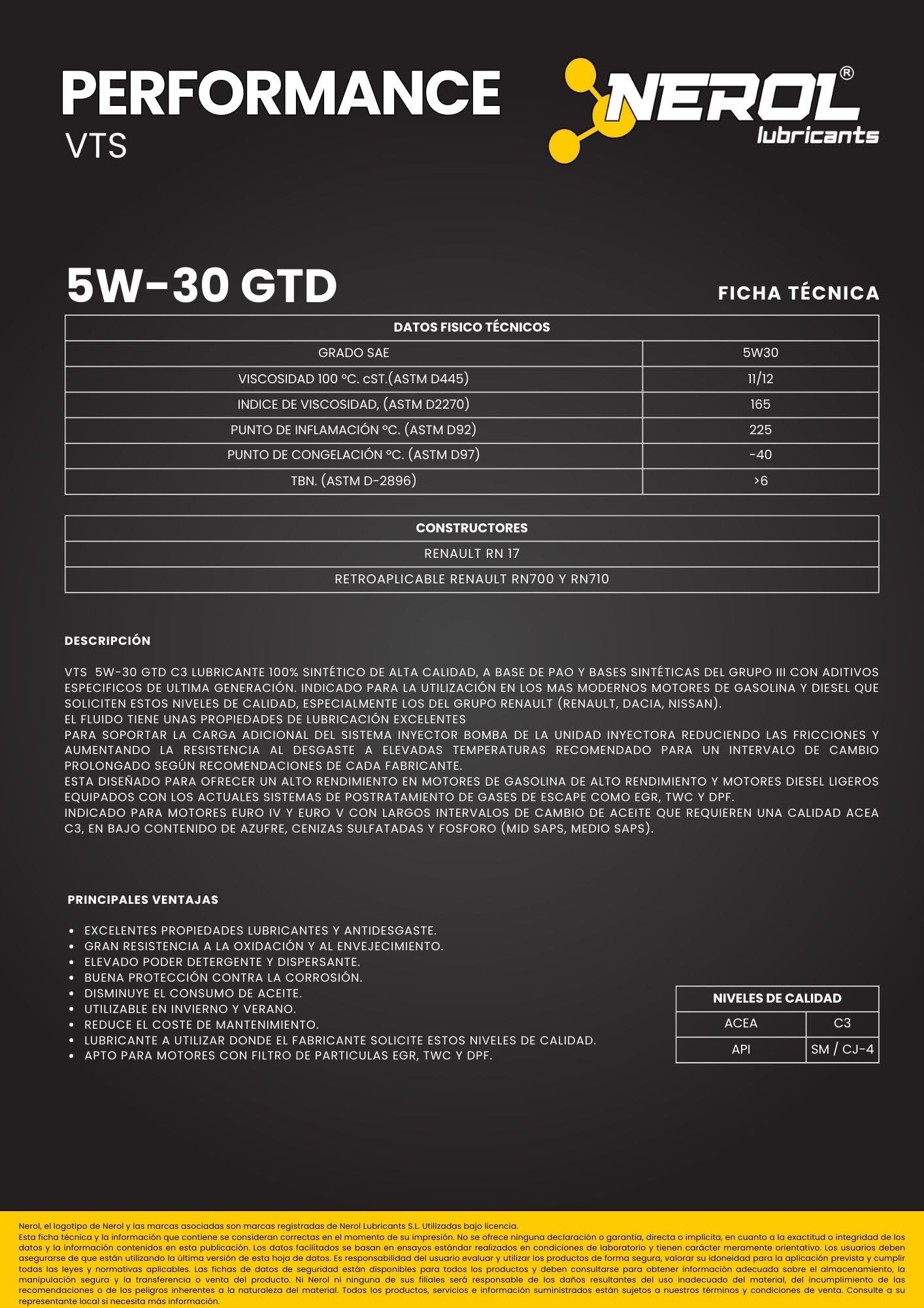 NEROL Aceite de Motor 100 % Sintético Para Coche 4T Performance VTS - GTD 5W-30 API SM/CJ-4 ACEA C3 5 Litros Lubricante Vehículos, Pao, Aditivos Última Generación (5 LITROS)