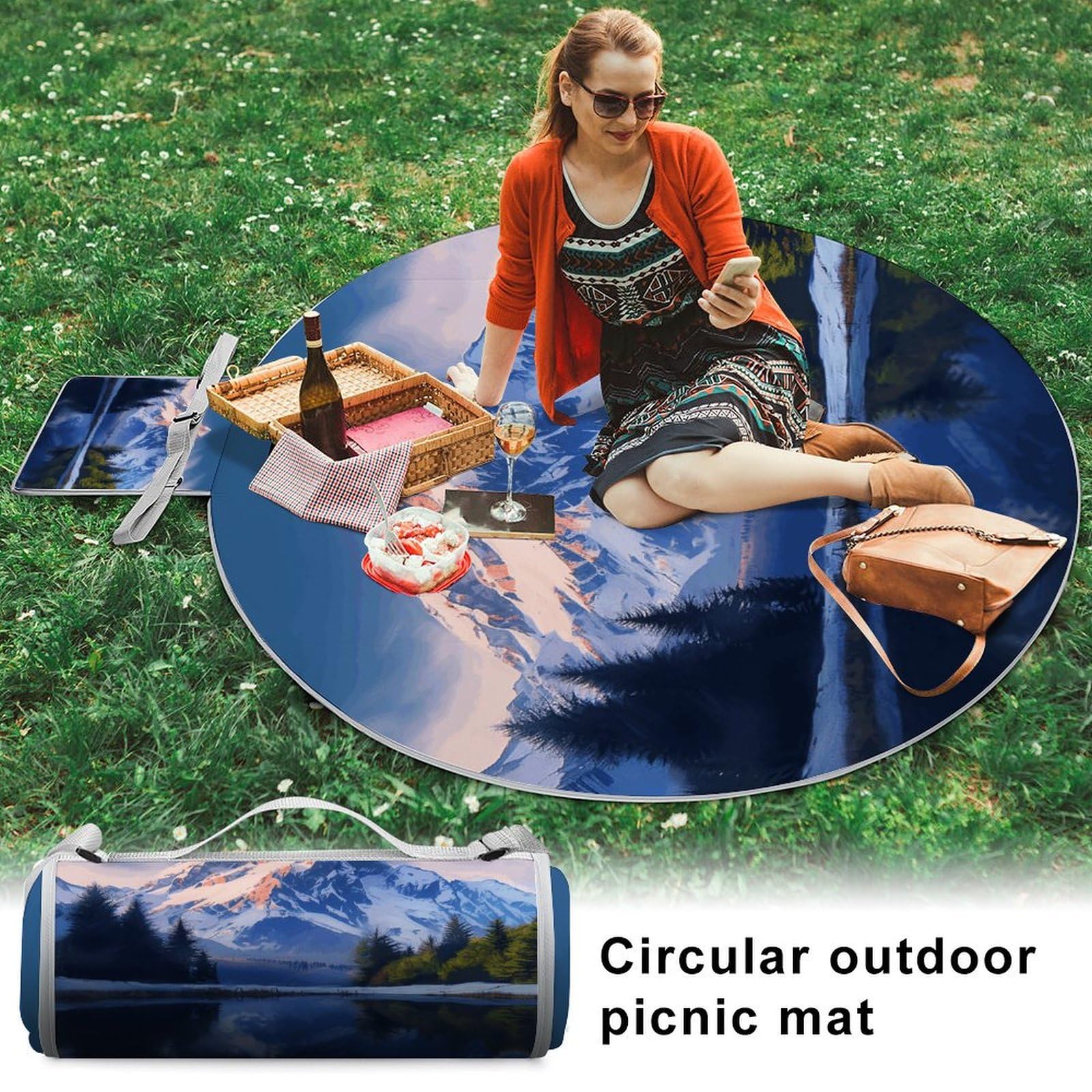 Coperta da picnic con neve e montagna, rotonda, pieghevole, leggera, coperta da spiaggia, impermeabile, coperta per attività all'aperto per primavera, estate, campeggio, parco, erba da