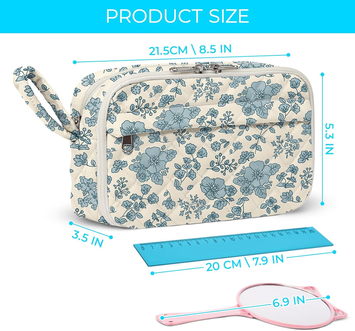 Quilted Pencil Pouch for Girls Women, Large Pencil Case Pouch with Compartments Cute Aesthetic Pencil Case Organizer, Floral Pencil Bag for School Supplies (blue floral) - Image 3