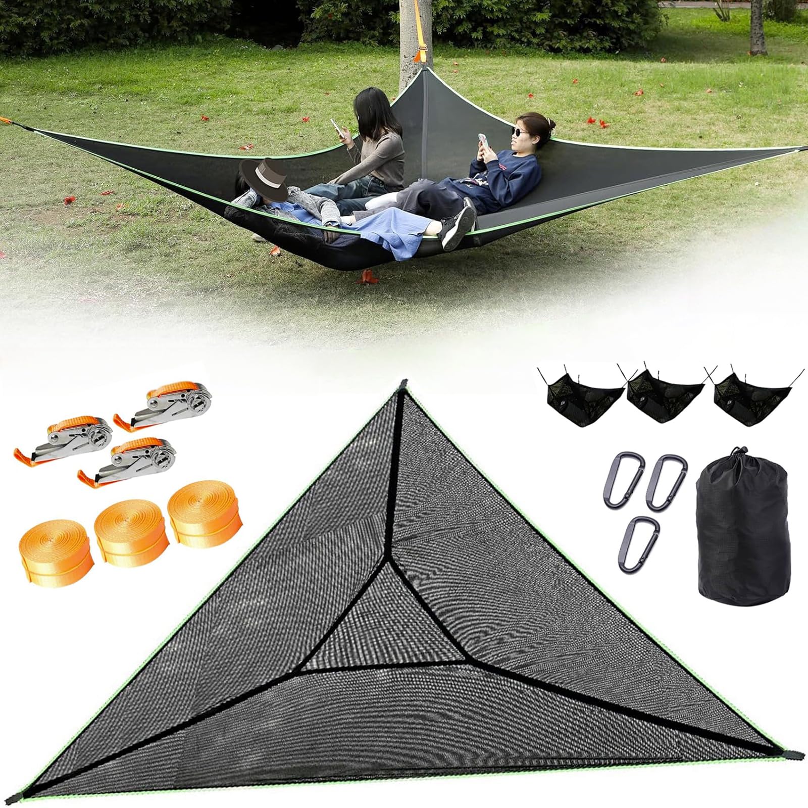 Triangle Hammock 13ft Camping for Outside Portable Outdoor Travel Multi Person Tree with 3 Ratchet Tie Down Straps & Net Pocket Max 800 lbs for 2-6 Adult/Kid (157''/400cm)