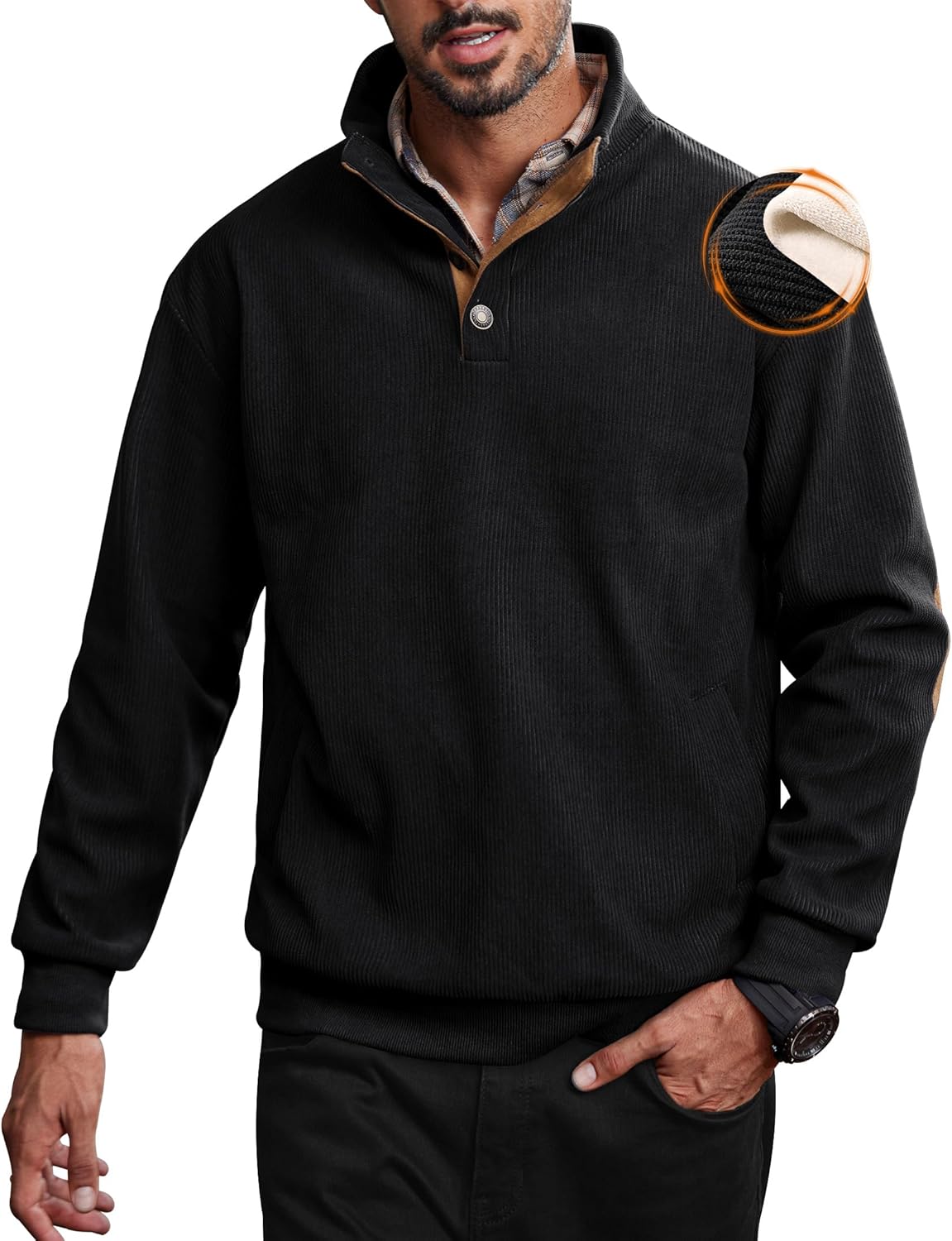 Men's Thermal Fleece-Lined Sweatshirt Textured Heavyweight Elbow Patches Pullover with Pocket (S-2XL)