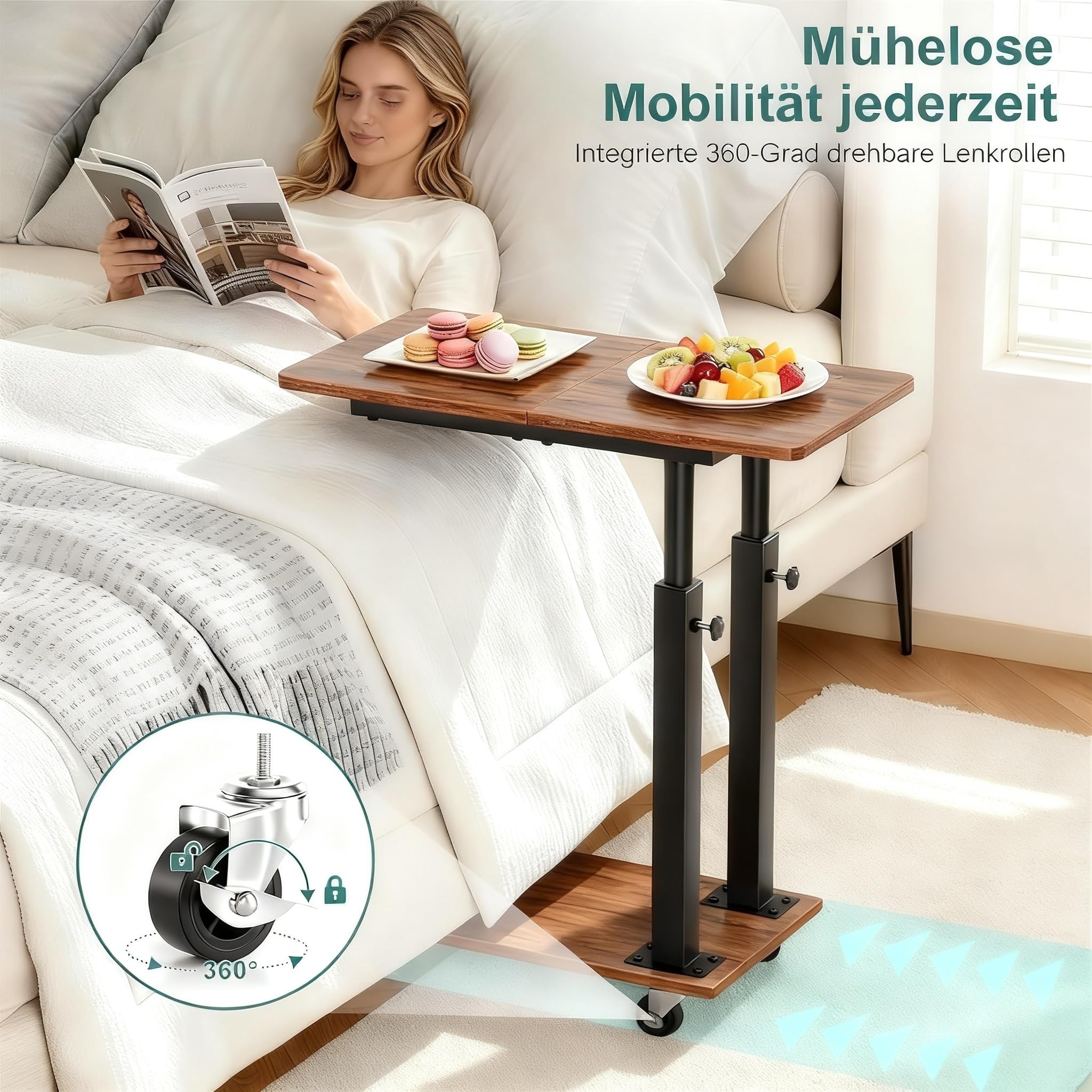MISSLO Beistelltisch Couch Höhenverstellbar mit Rollen, Couchtisch C Form
