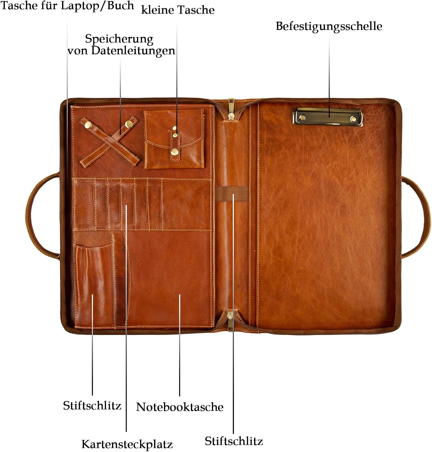 Oil Wax Leather Portfolio, Padfolio Organizer with Handle, Personalized Padfolio，Padfolio with Zipper for Men Women，Suitable for 15-inch Laptop Legal Pad Padfolio, Brown