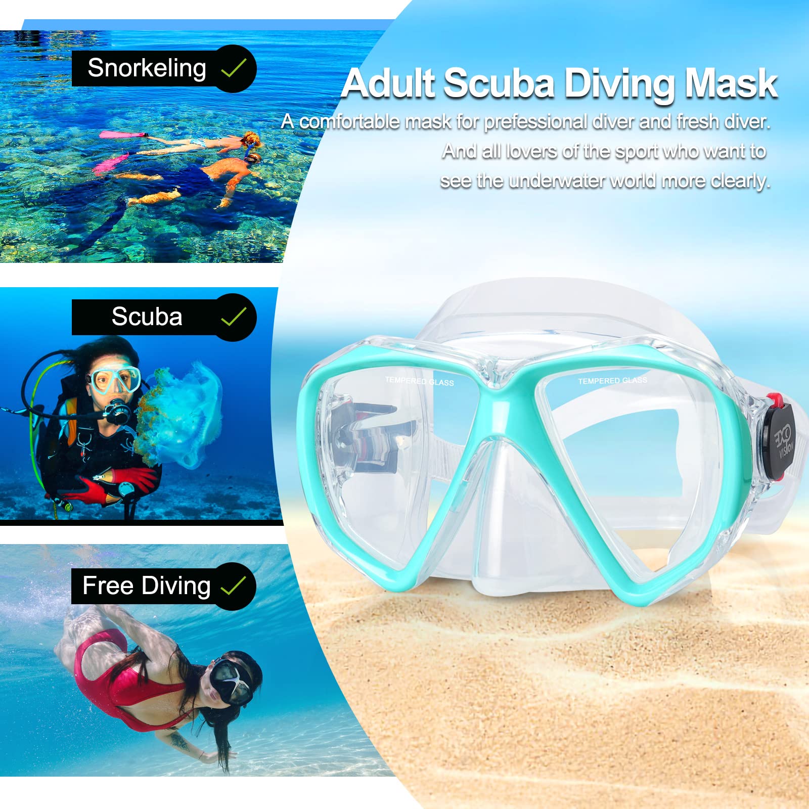 Masque De Plongée Panoramique Pour Snorkeling - Verre Trempé Antibuée, Jupe Silicone Souple - Adulte Homme/femme