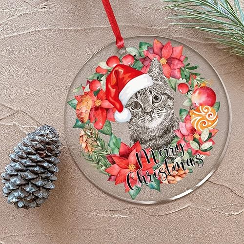 Miniatura 6 de Adornos colgantes de gato de feliz Navidad diseño de gato gris con foto de gato adorno de árbol de Navidad decoración redonda transparente de