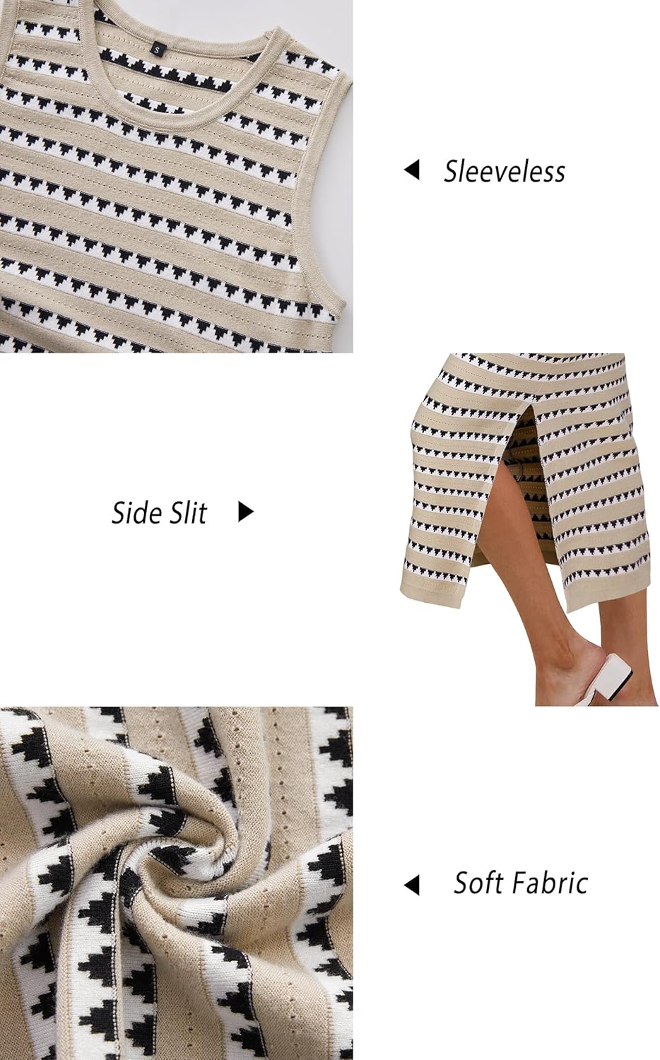 OUGES Women's 2026 Summer Maternity Dress Knit Sleeveless Crewneck Midi Dress Side Slit Striped Bodycon Sweater Dress - Image 6