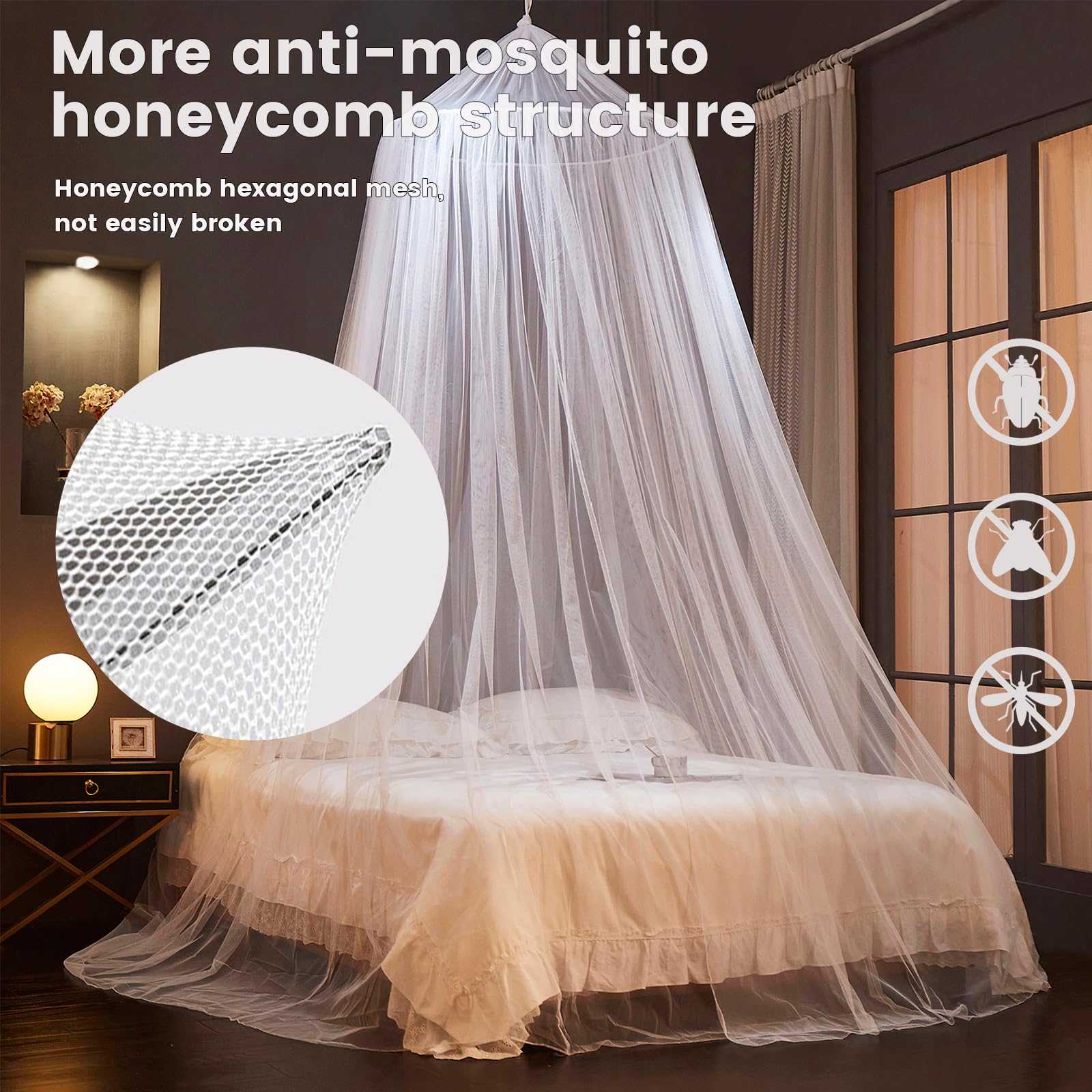 ZIQINPSQ Mosquito Net for Bed Canopy for Single Double King Size Dome Netting Tent for Indoor Outdoor Kid and Adult Beds (White) - Image 2