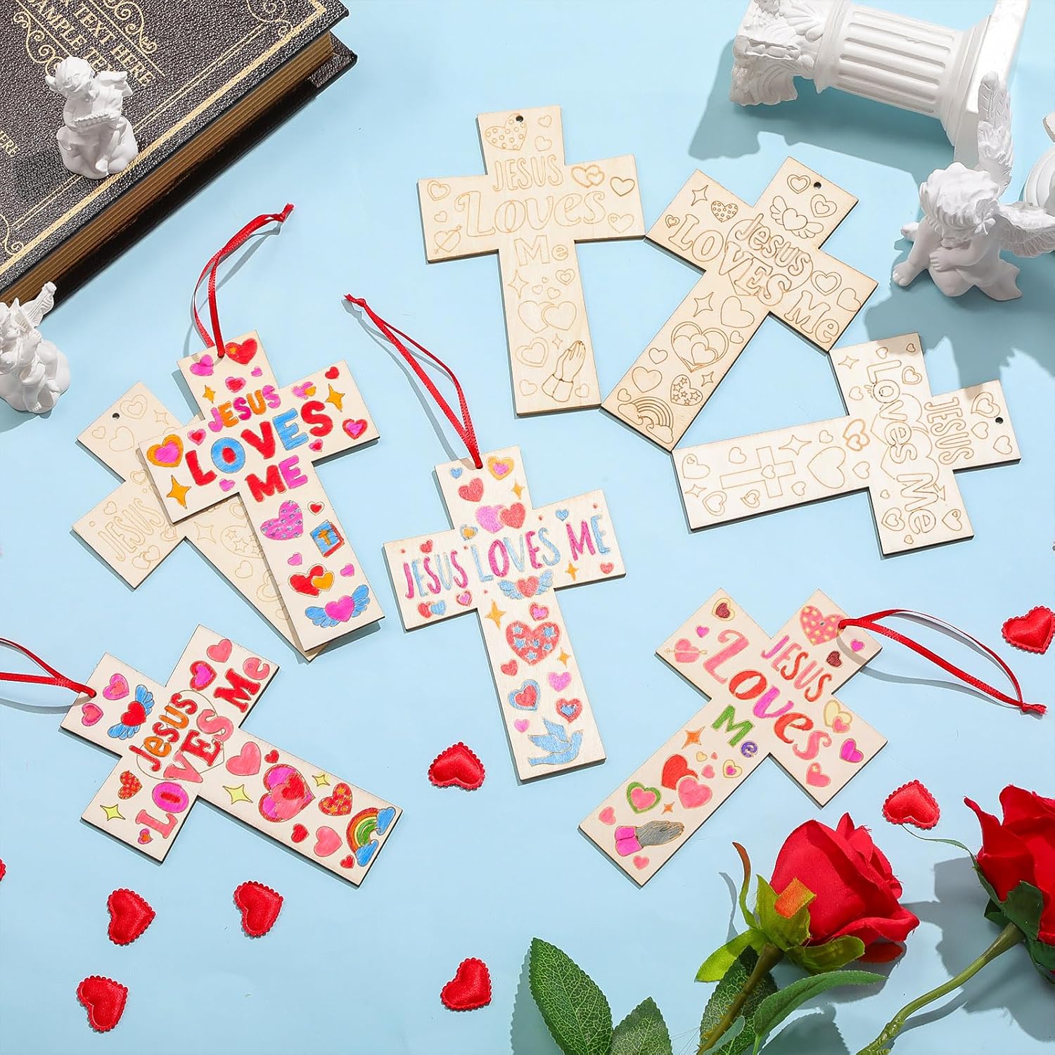 Blueweenly 48 Pcs Easter Christian Wooden Crosses Crafts for Kids, Religious DIY Painting Crafts Jesus Loves Me Wooden Crosses Craft Kits for Easter Jesus Sunday School Classroom Party Favor Gift