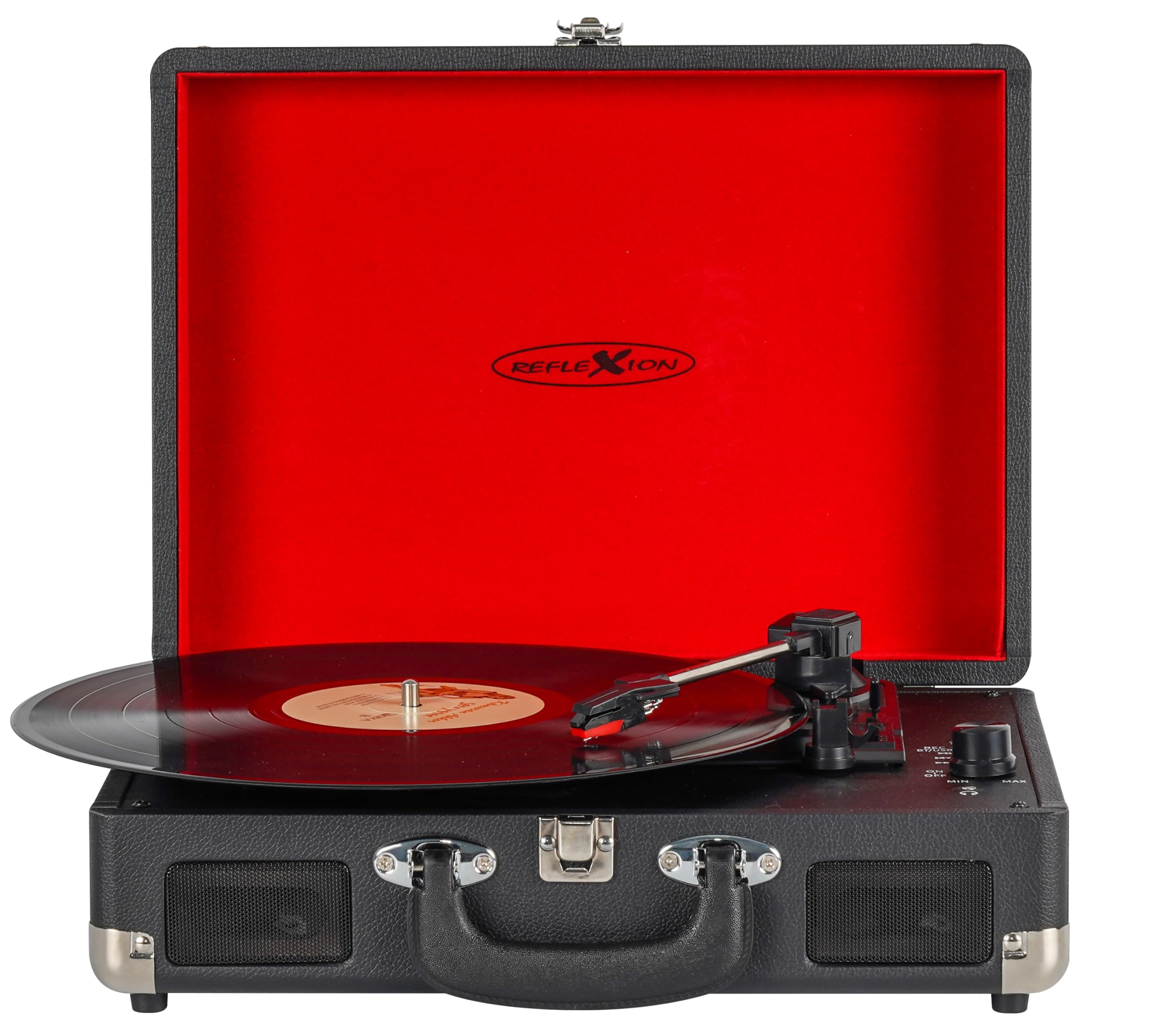 Reflexion HIF1979BT Retro Plattenspieler mit Bluetooth 5.1, MP3-Aufnahme auf USB, Lautsprecher, AUX, 3 Geschwindigkeiten, tragbarer Koffer-Turntable in Holzoptik mit Leder-Design
