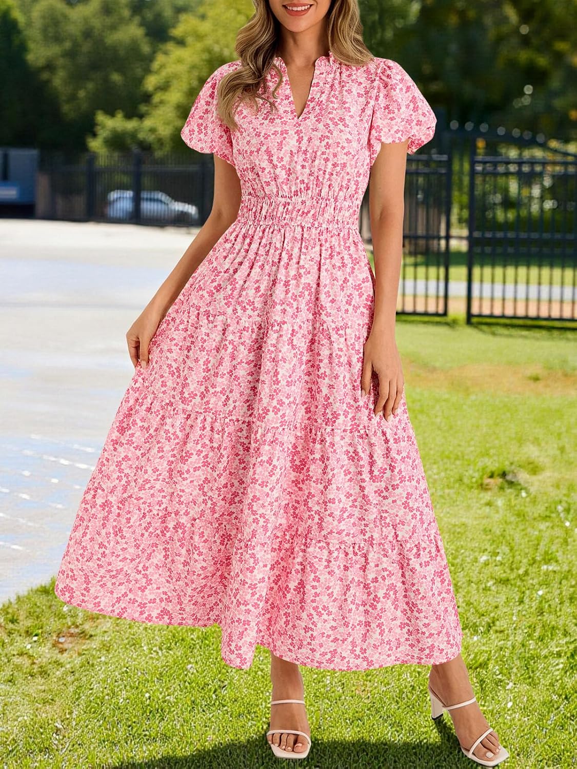 Wenrine Womens Summer Floral Maxi Dress Casual V Neck Puff Short Sleeve Smocked Loose Boho Beach Dresses with Pockets - Image 2