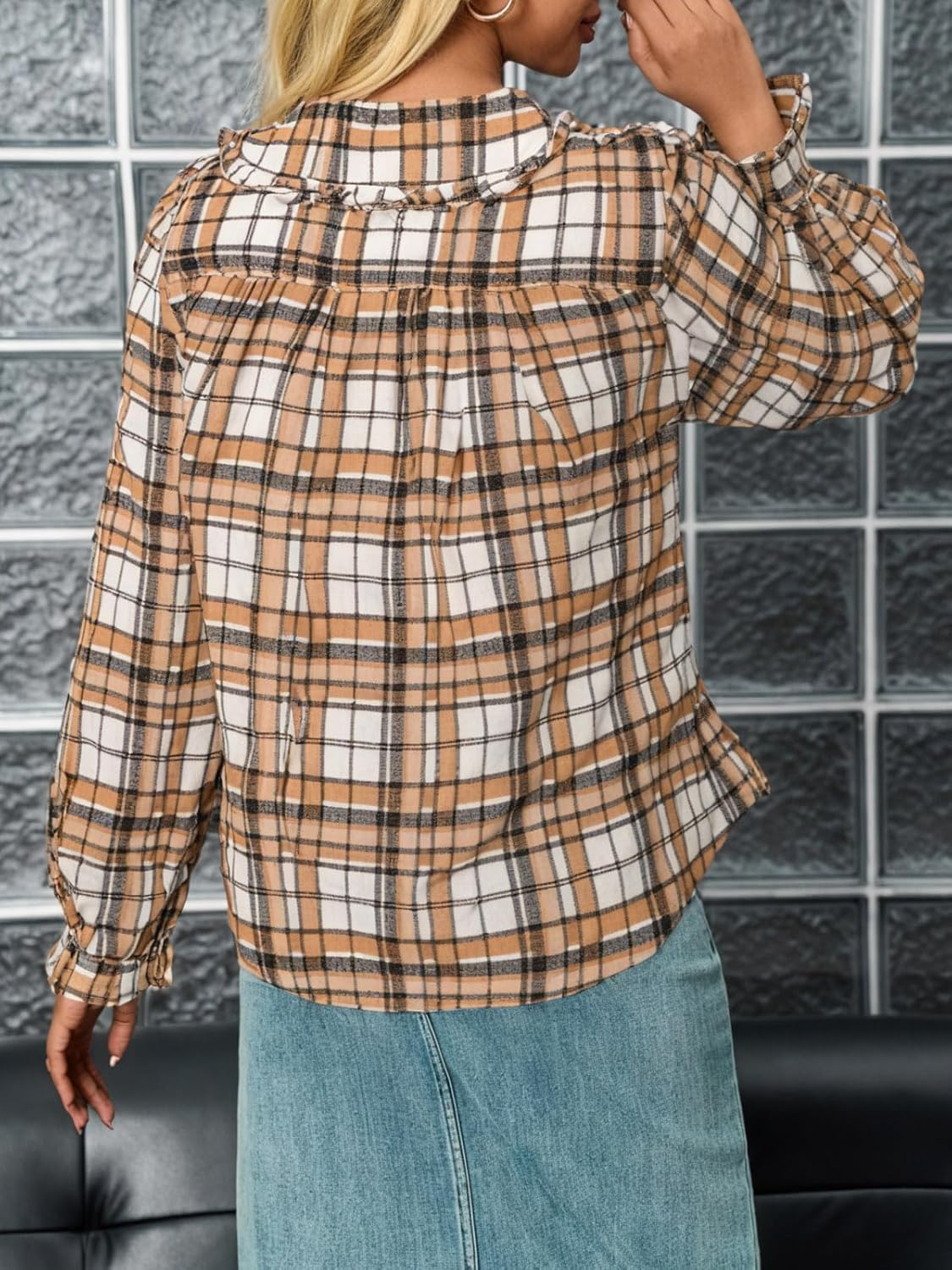 Tankaneo Womens Peter Pan Collar Button Down Shirts Long Sleeve Plaid Blouse Dressy Casual Fall Tops - Image 5