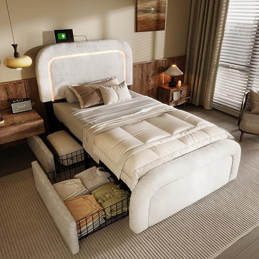 Goeria Bed Frame with USB Type C Charging Function, LED Lighting and 2 Drawers, Single Bed, Upholstered Bed 90 x 200 cm, Height Adjustable Headboard, Wooden Slatted Frame, Sherp White (without