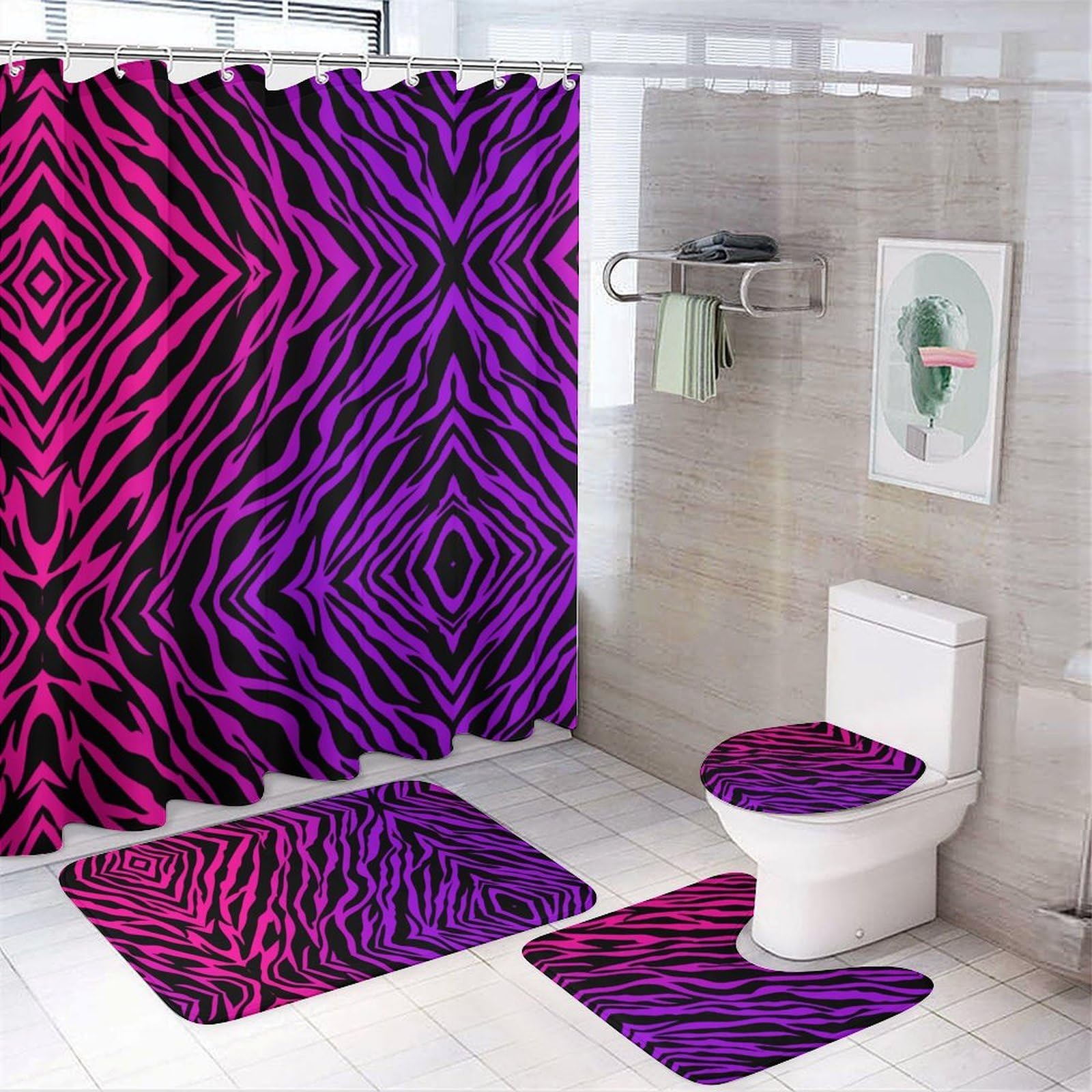 JiuPopular Bathroom Mat Set 4 Piece, Zebra Tiger Leopard Pink Shower Curtain with Non-Slip Bath Mats for Bathroom