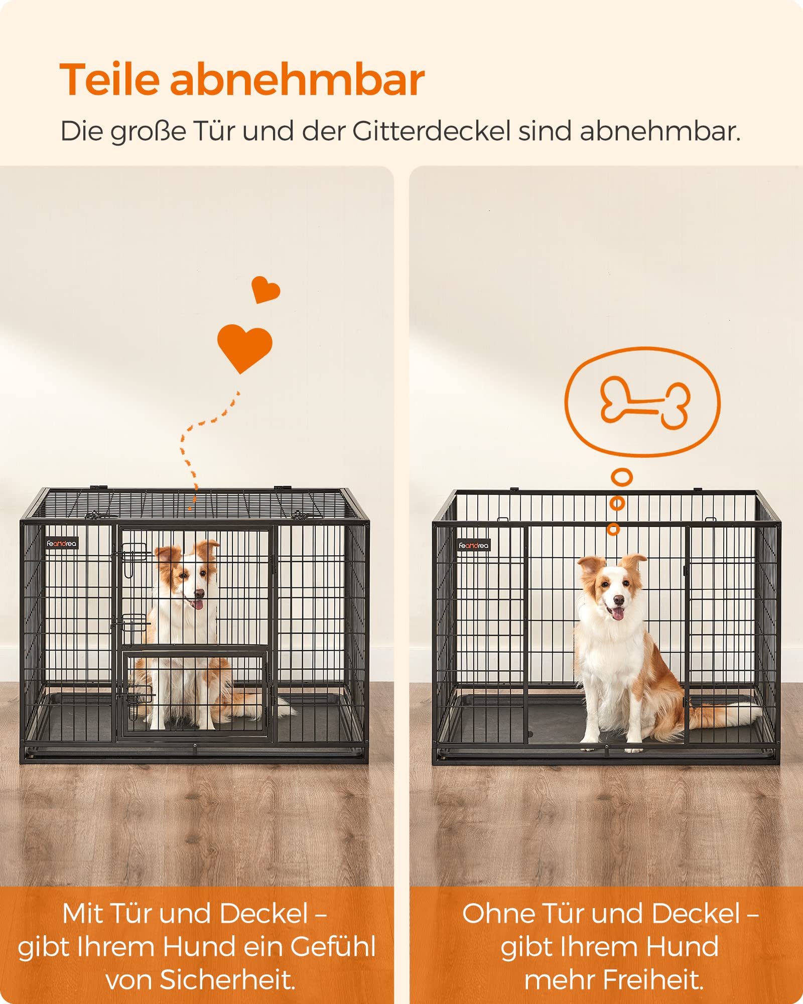 Feandrea Haustierkäfig hochbelastbar, Gitterbox, transportabel, 107 x 70 x 75 cm,für mittelgroße, große Tiere, sicher, 2 abnehmbare Türen, XL, tintenschwarz PPD001B01