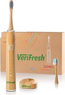 VeriFresh Sonic Bamboo Toothbrush - Biodegradeable Bamboo Heads with Castor Oil bristles - Includes 2 Brush Heads - Replacement Heads Available Separately
