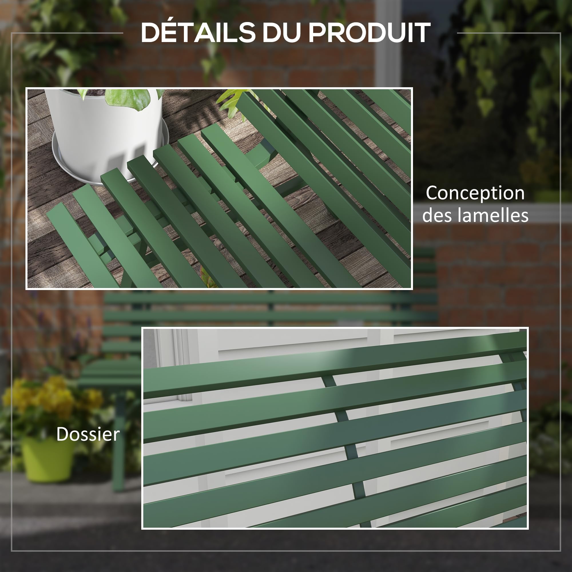 Outsunny Banc de Jardin Banquette extérieur 2 Places Assise Dossier à Lattes, en Aluminium, dim. 123L x 67l x 79H cm, Vert