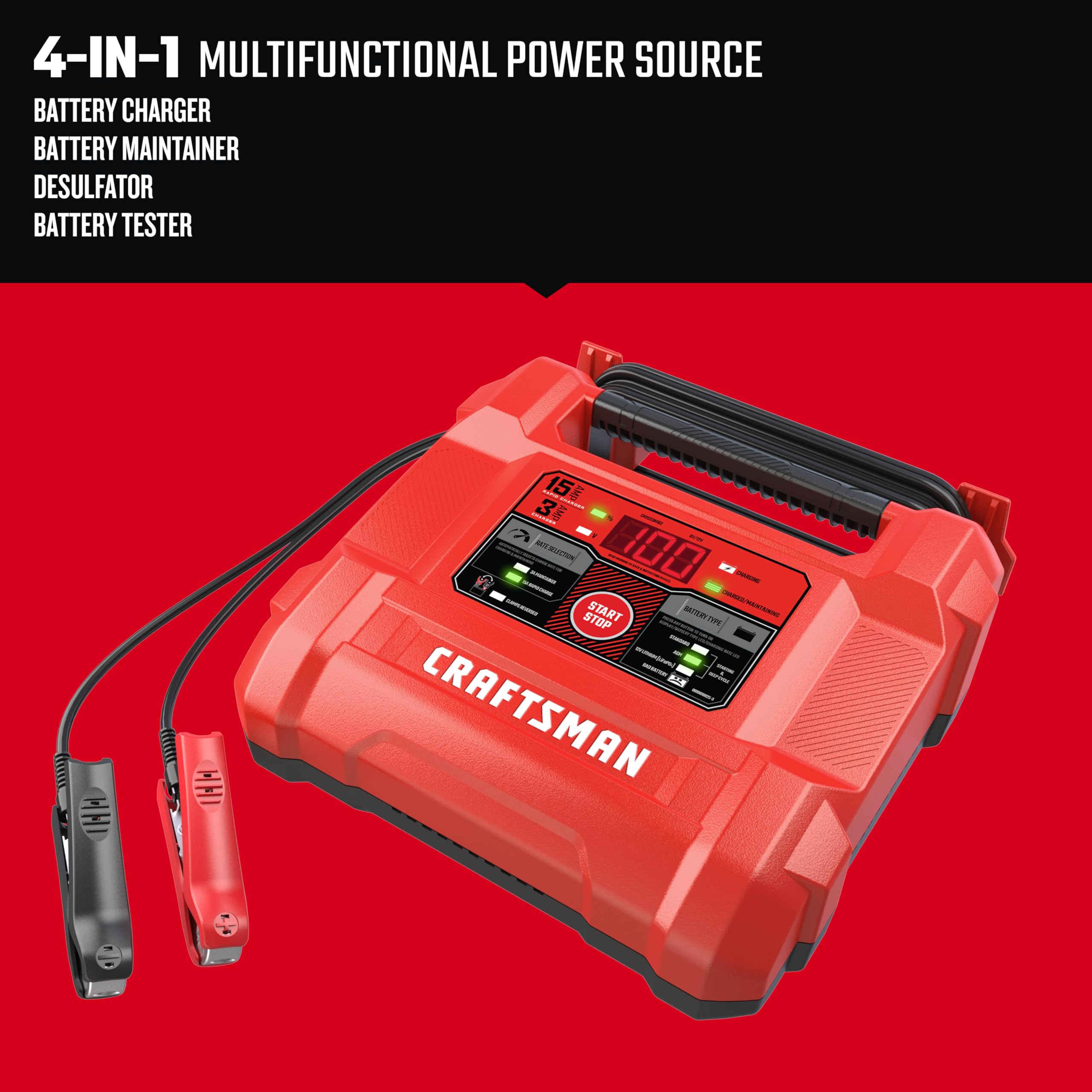 CRAFTSMAN 15A Car Battery Charger and Battery Maintainer, 4-in-1 Solution, for 6V/12V Power Sport, Automotive, and Marine Batteries, CMXCESM162