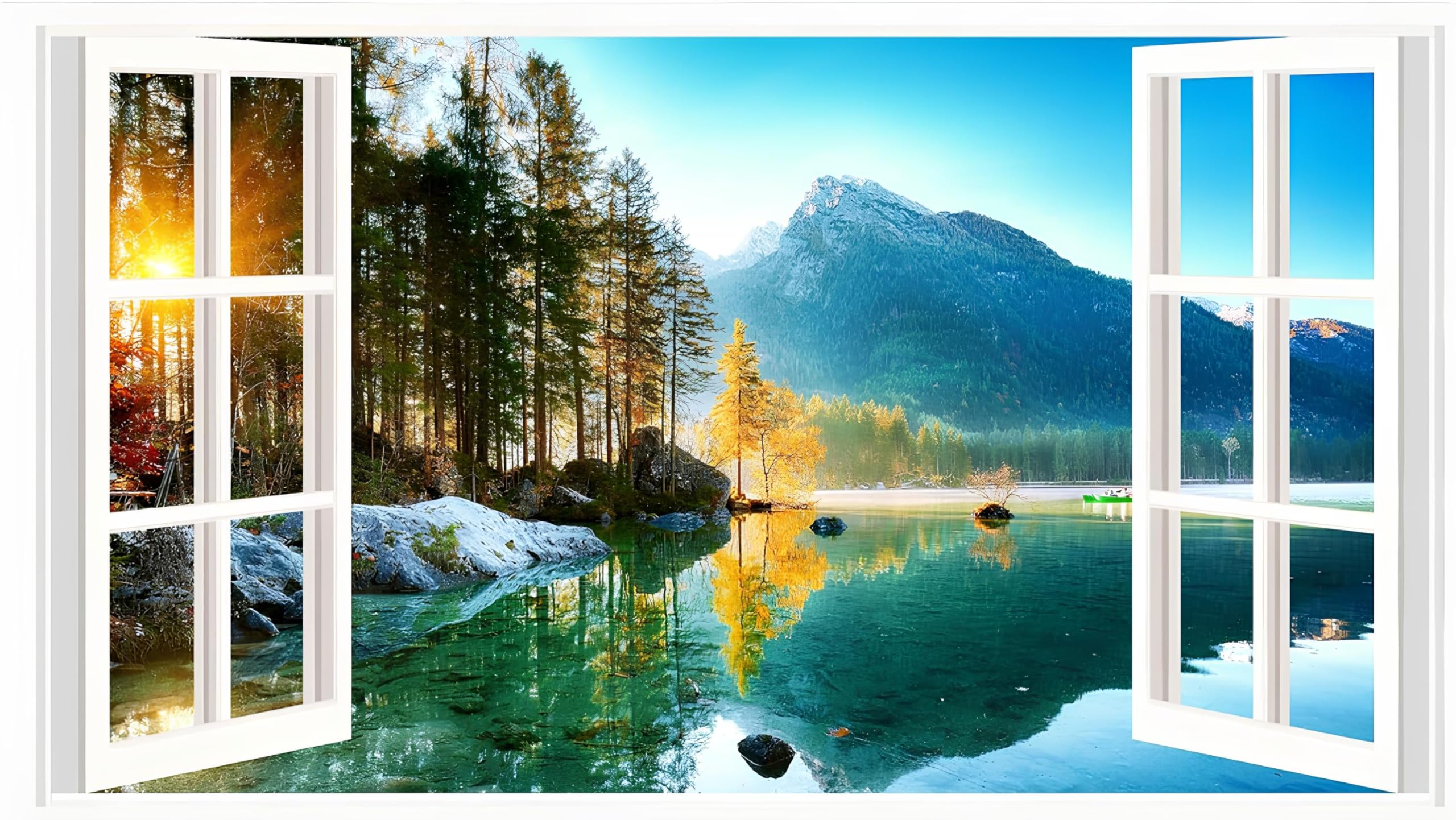 Mountain Lake Wall Stickers 3D Mountain Window Wall Stickers Removable Peel and Stick Landscape Window Wall Murals Nature Scenery Wall Decor Forest Lake Wall Decals for Living Room Bedroom