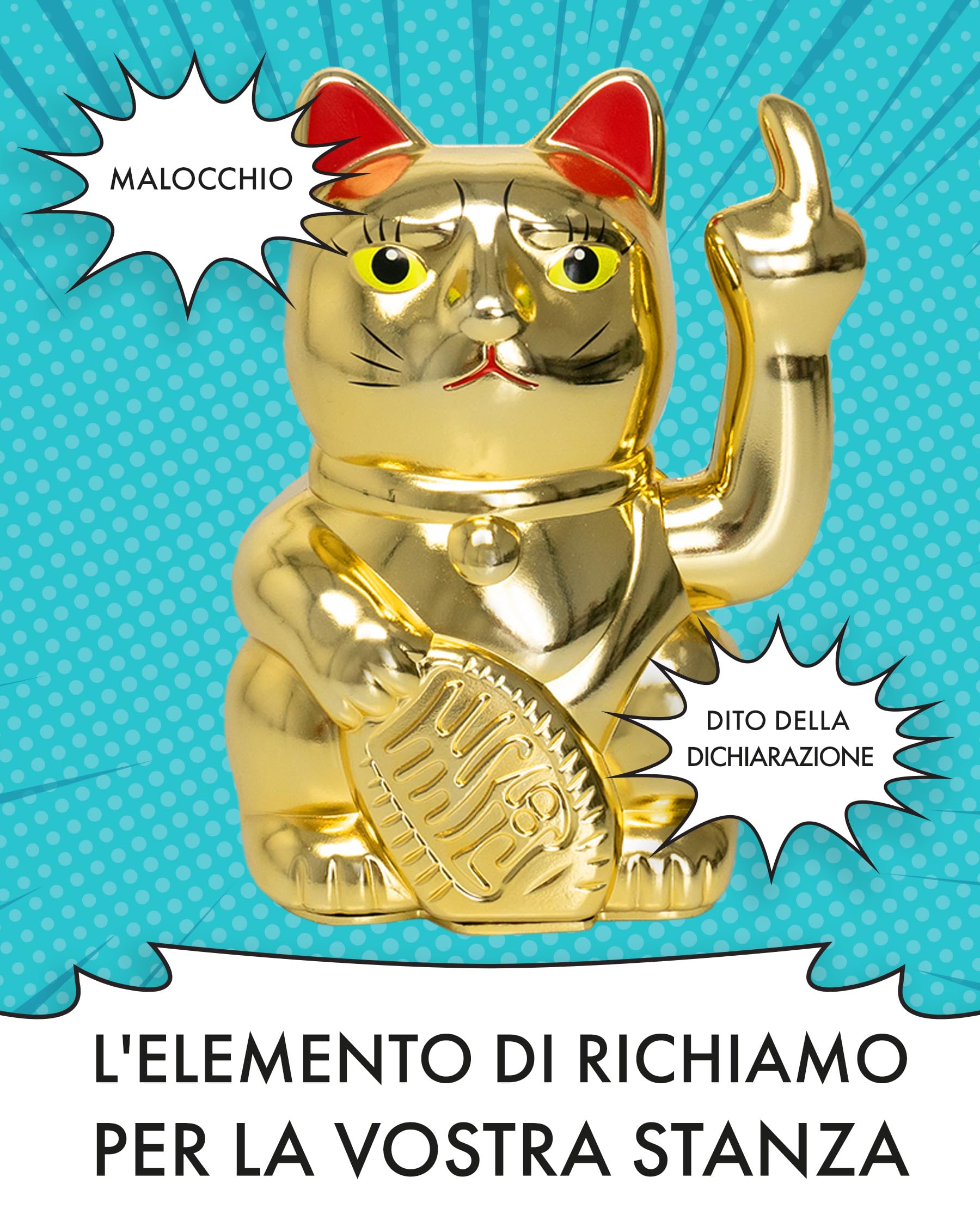 ANGRY CAT - Gatto fortuna Lucky Cat - Divertente gatto giapponese che saluta - Figura statuetta statua idea di regalo con braccio ondeggiante - oro, 15cm