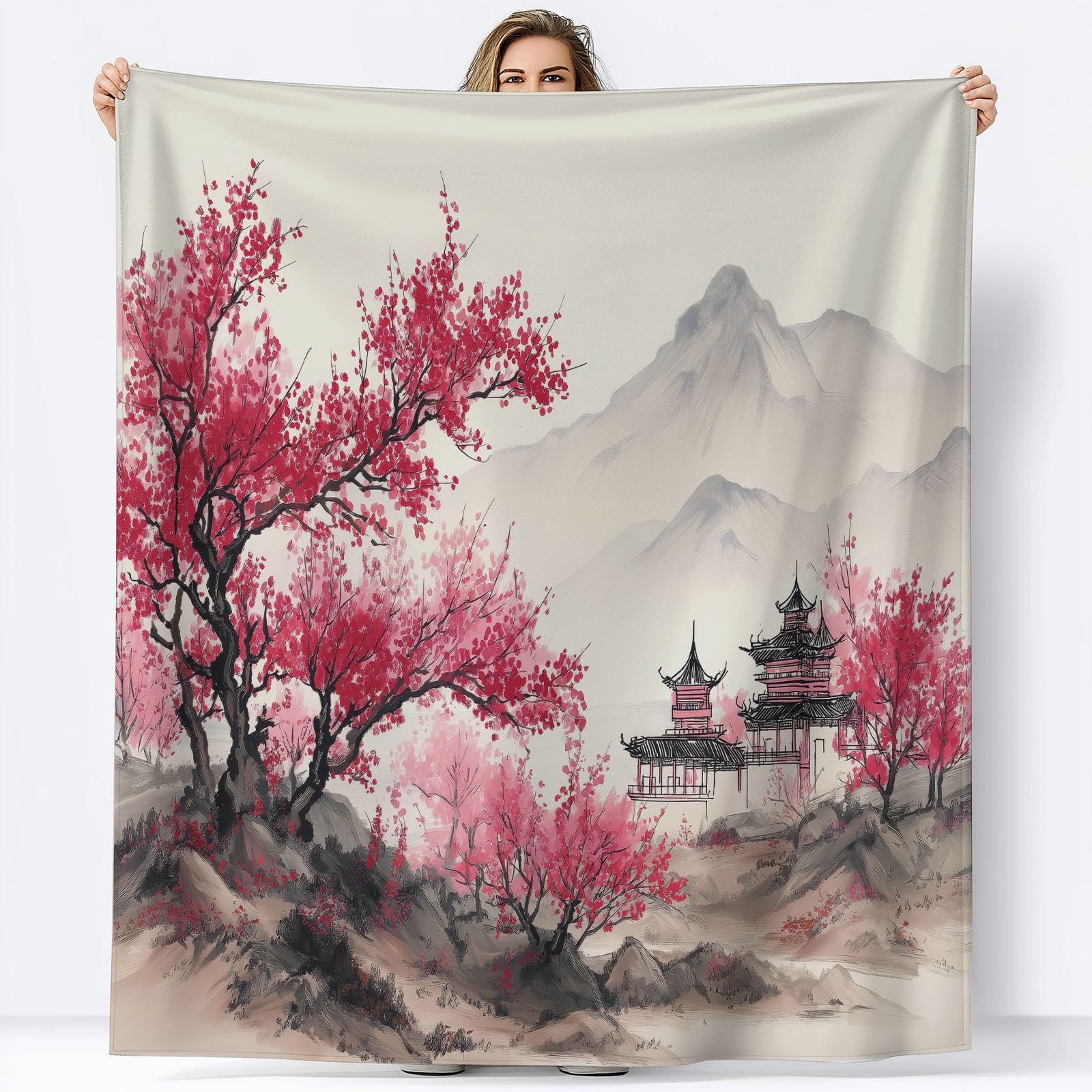 Przytulny koc 150 x 200 cm, chińska architektura, pagoda, kwiat śliwki, flanelowy, przytulny koc, na 4 pory roku, na sofę, kremowy