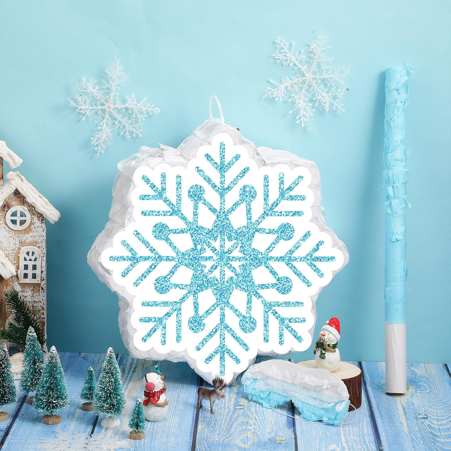 Winter Piñata Christmas Wonderland Themed Piñata with Blindfold Bat for Christmas Princess Winter Theme Birthday Party Supplies Decorations(Blue,Snowflake)