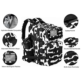 LHI Tactical Military Backpack for Men and Women 25L Army Assault Pack Bag Large Rucksack with Molle System-Black White Cow