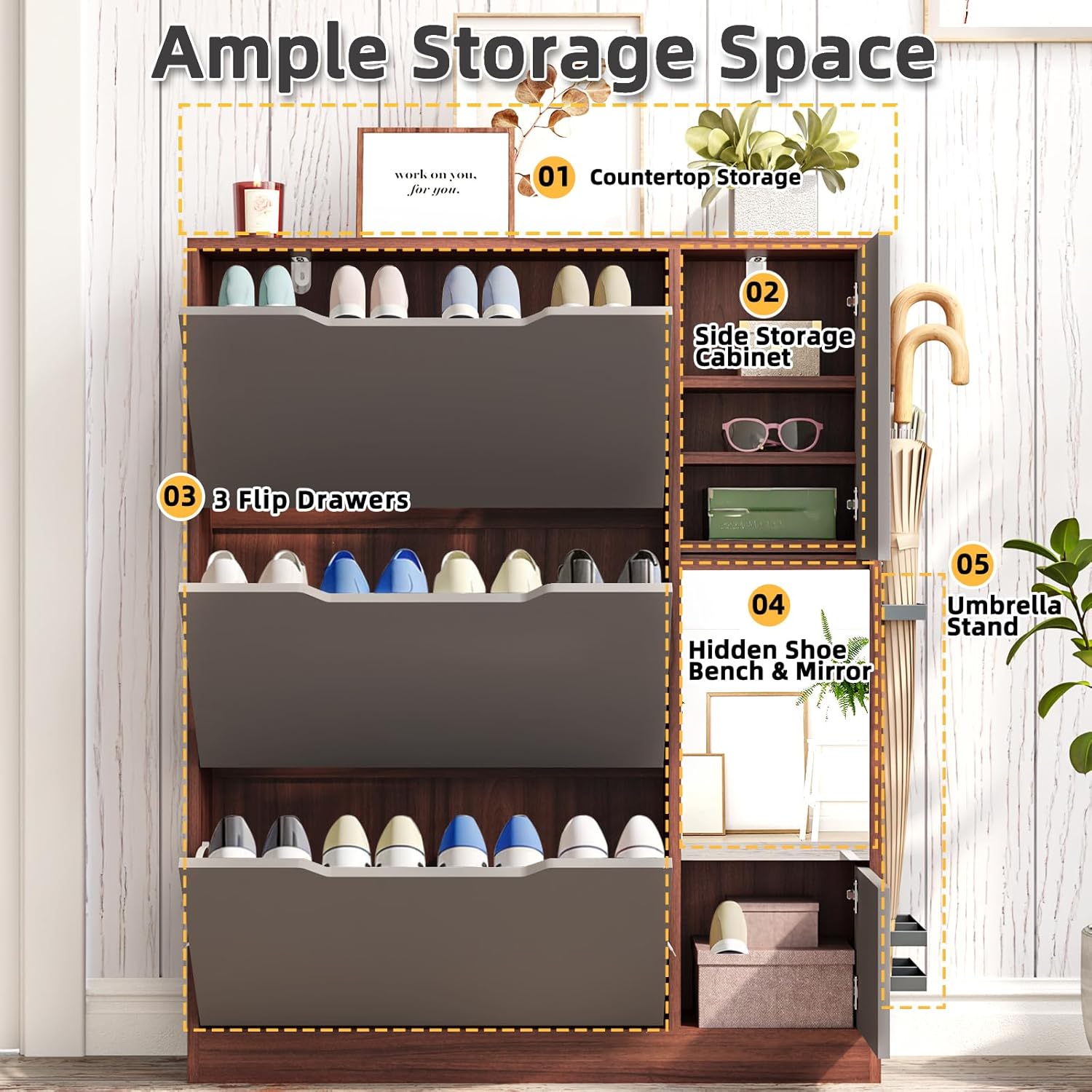 JOMEED Shoe Cabinet with 3 Flip Drawers, Narrow Shoe Cabinet with Doors and Bench, Shoe Storage Cabinet for entryway, Shoe Organizer Cabinet with Mirror, Walnut