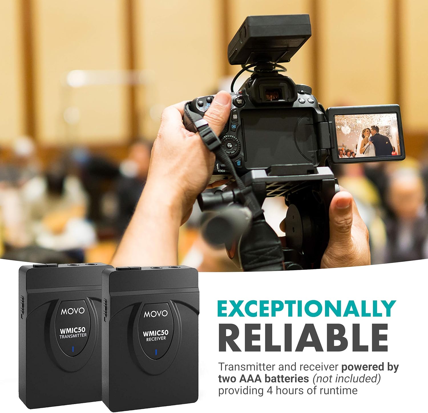 Movo WMIC50 2.4GHz Wireless Lavalier Microphone System with Integrated 164-foot Range Antenna (Includes Transmitter with Belt Clip, Receiver with Camera Shoe, Lapel Mic and 2 Earphones) - Image 3