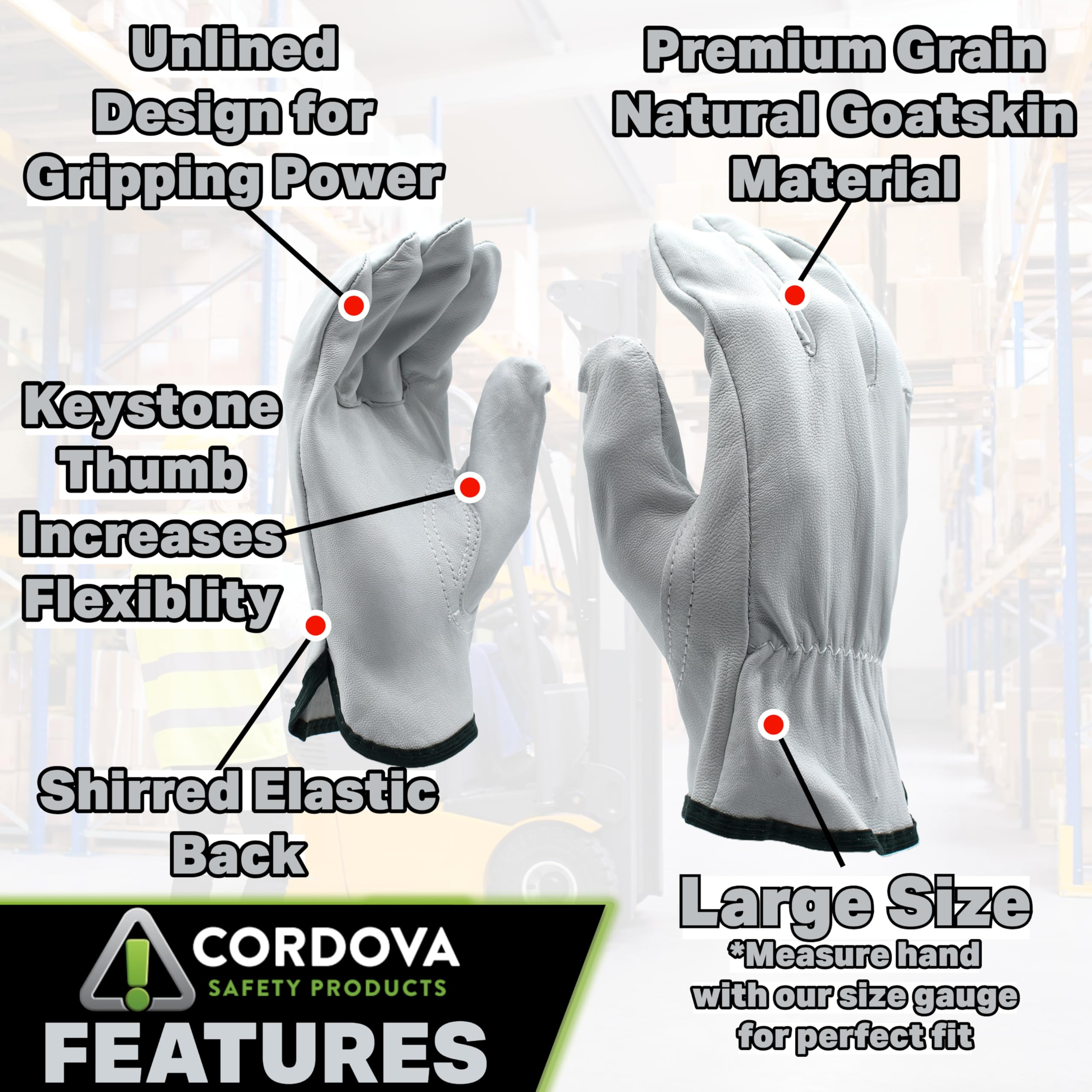 Cordova - Guantes de conductor (12 unidades, piel de cabra, grano de alta calidad, sin forro, espalda elástica fruncida, pulgar Keystone, talla L