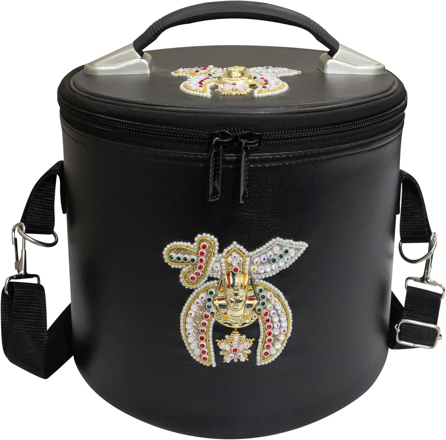 Premium Masonic Shriner Fez Hat Case Black Leather – Dual Emblems Front & Top (Rhinestones Hand Embroidery) with Shoulder Strap