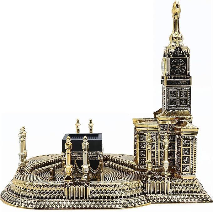 Modefa Islamic Table Decor – Kaba Clock Tower Replica with 99 Names of Allah & Car Hanger - Muslim Home Decor - Islamic Art Muslim Gifts for Ramadan, Eid Decoration - Gold (Large)