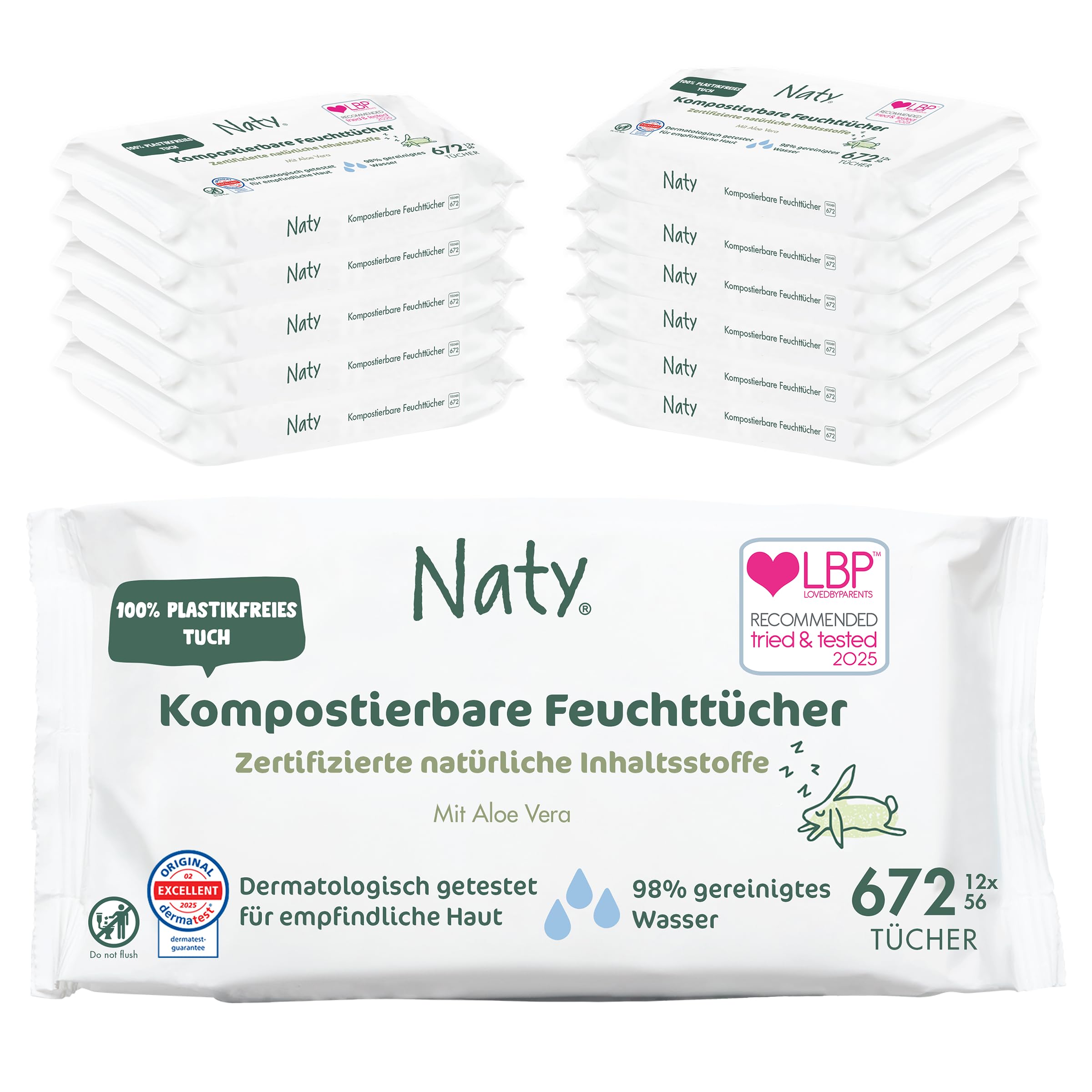Naty Baby Feuchttücher Aloe Vera | 100% pflanzenbasiert & unparfümiert für empfindliche Haut | Plastikfreie & zertifiziert kompostierbare Tücher mit 98% gereinigtem Wasser | 672 Tücher (12 Packungen)