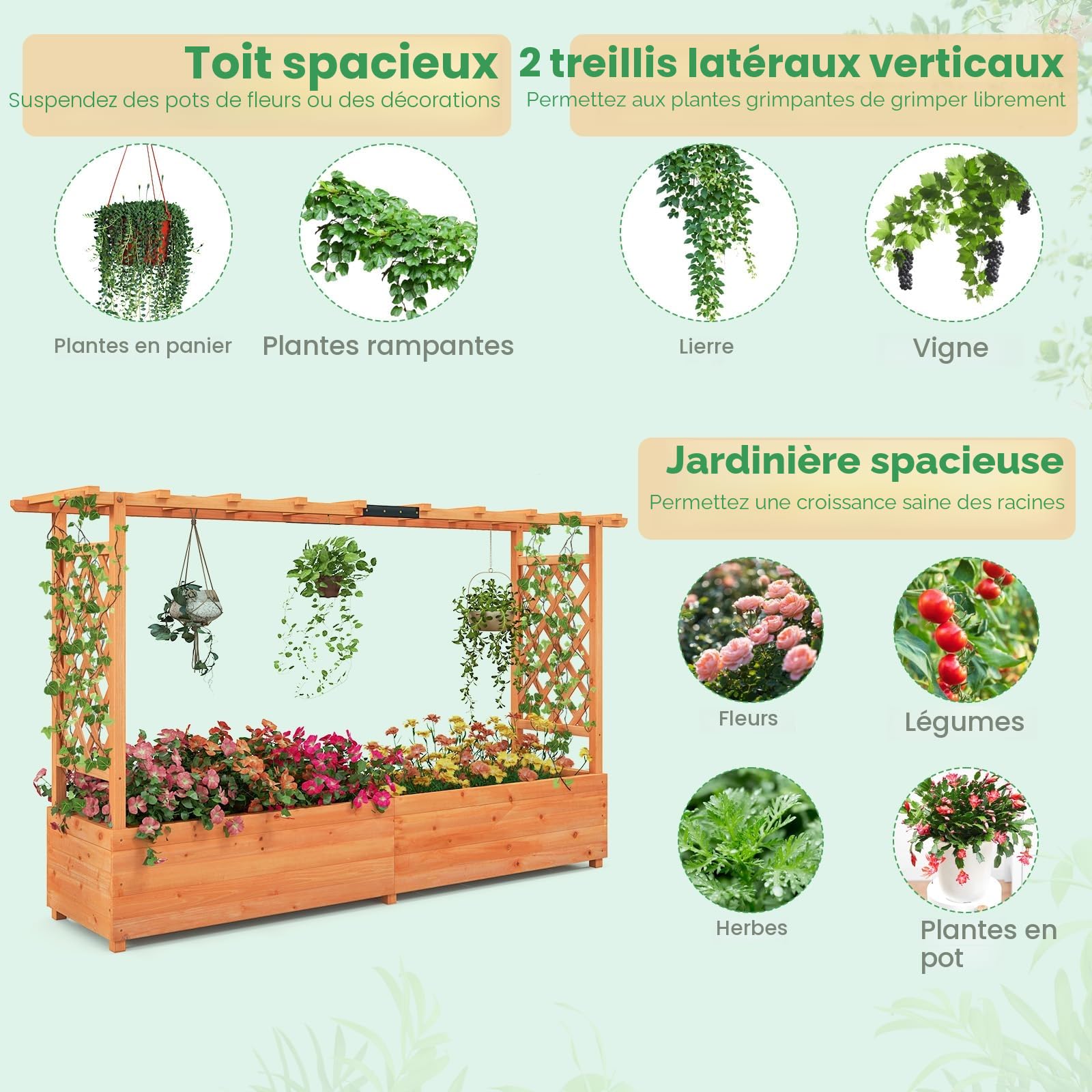 HOMASIS Jardiniere Exterieur Grande avec 2 Treillis et Etagère de Toit, Bac à Fleurs Surélevé en Bois pour Plantes Grimpantes, Jardiniere avec Treillis pour Jardin Balcon, 200x44x114cm, Orange
