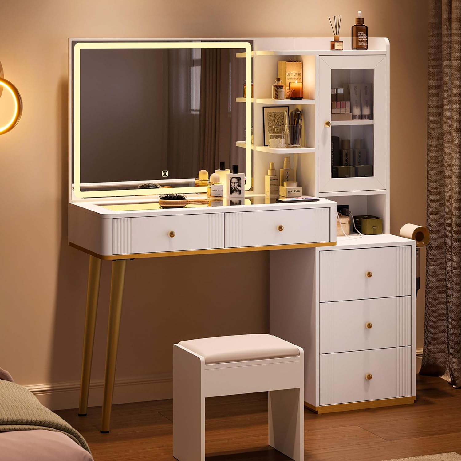 LINSY Vanity with Glass Top, White Makeup Vanity with Mirror and Lights, Large Vanity Desk with Storage, Drawers, Cabinet and Outlet, Modern Fluted Vanity Table for Bedroom, Women, Girls