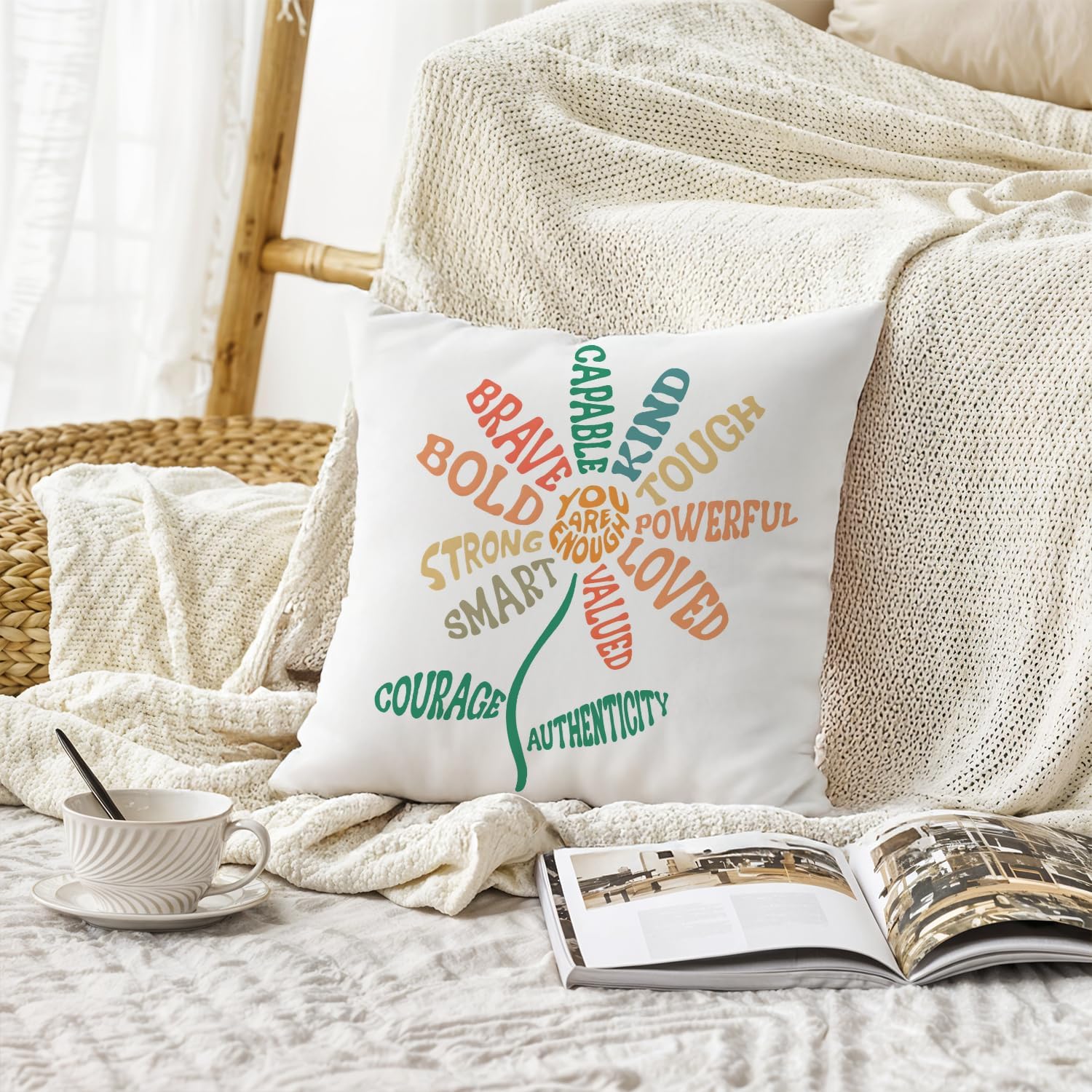 Boho Floral Inspirational Pillow Covers Classroom Playroom Decor 18x18, Motivational Positive Affirmation Quotes Decorative Throw Pillow Covers for Kids Room Playroom Home Classroom - Image 3