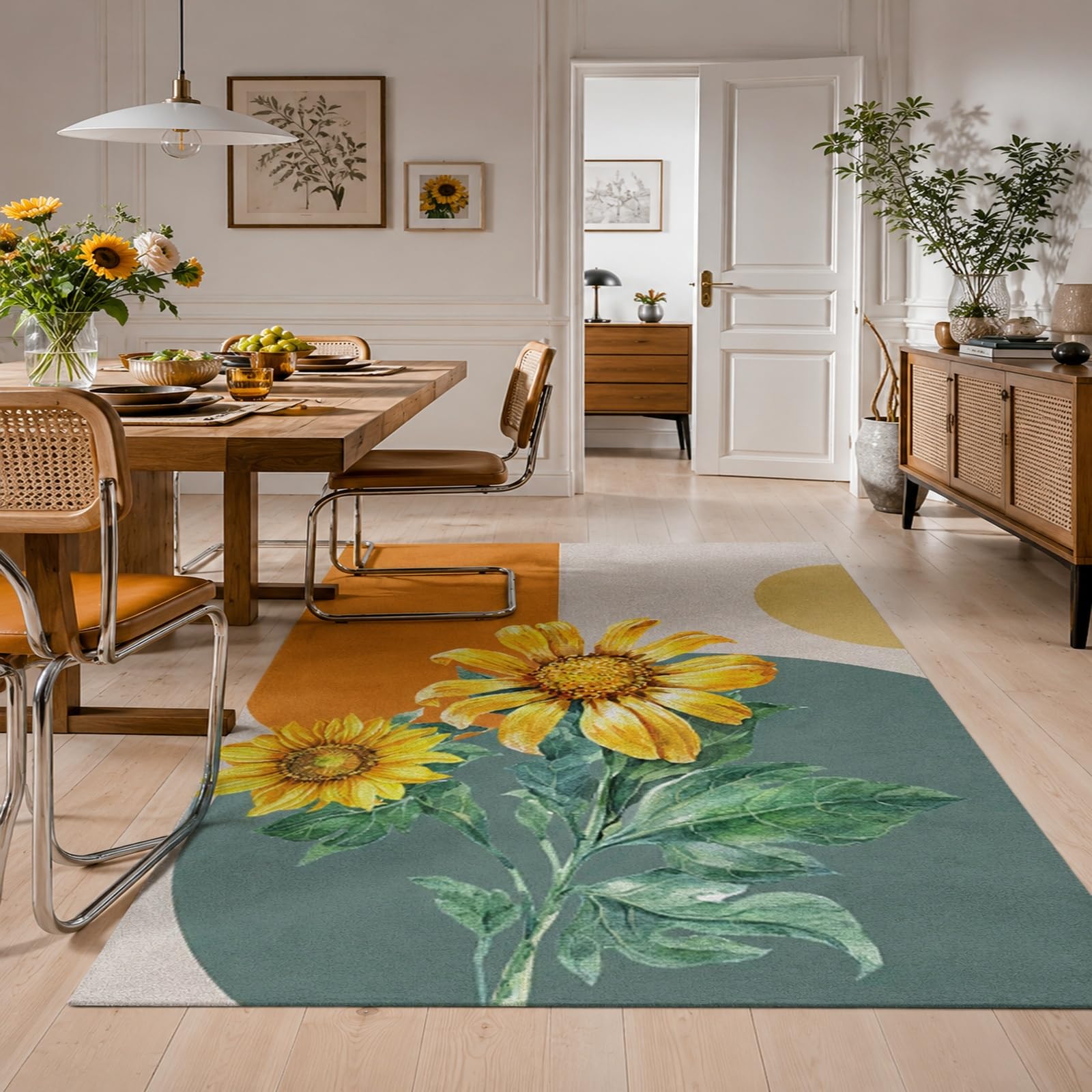 Dywan do ogrodu zimowego, kwadratowy, 160 x 160 cm, nowoczesny kwiatowy geometryczny żółty, zielony, pomarańczowy, szary, beżowy, dywan do salonu, dywan pod stolik kawowy, dekoracja podłogi z