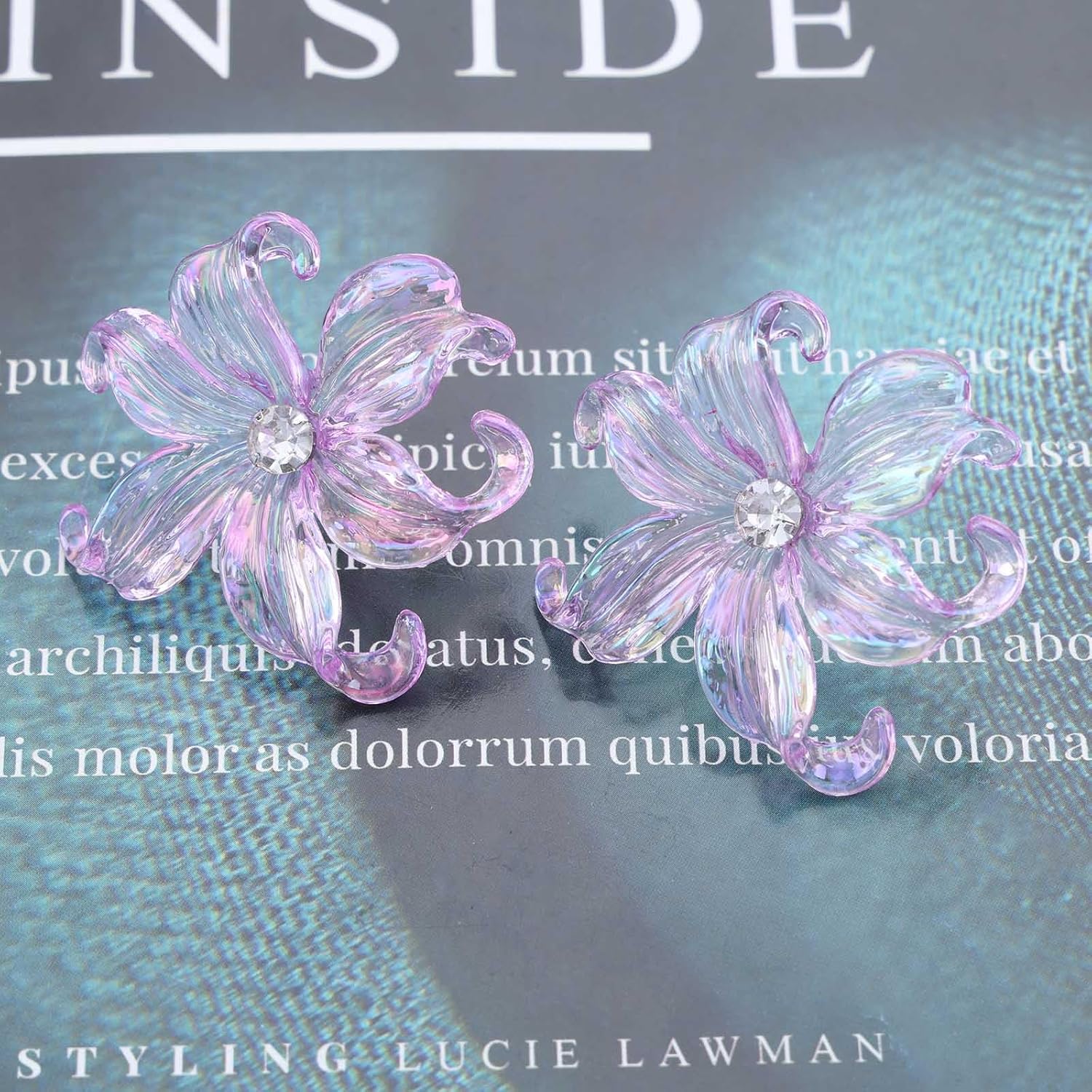 Boho Acrylic Flower Earrings Large Purple Flower Earrings Big Resin Flower Petal Earrings Huge CZ Floral Studs Earrings Sparkly Flower Acrylic Earrings Wedding Petal Earrings for Women - Image 6