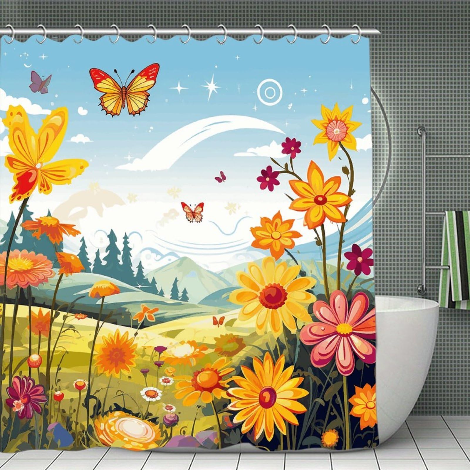 VstaDank Sun Butterflies Dragonfly Flowers Nursery Shower Curtain Waterproof Bath Curtain with Hooks Heavy Duty Long Curtains for Bathroom Showers Machine Washable Decor Bath Curtains 70.8×70.8Inch