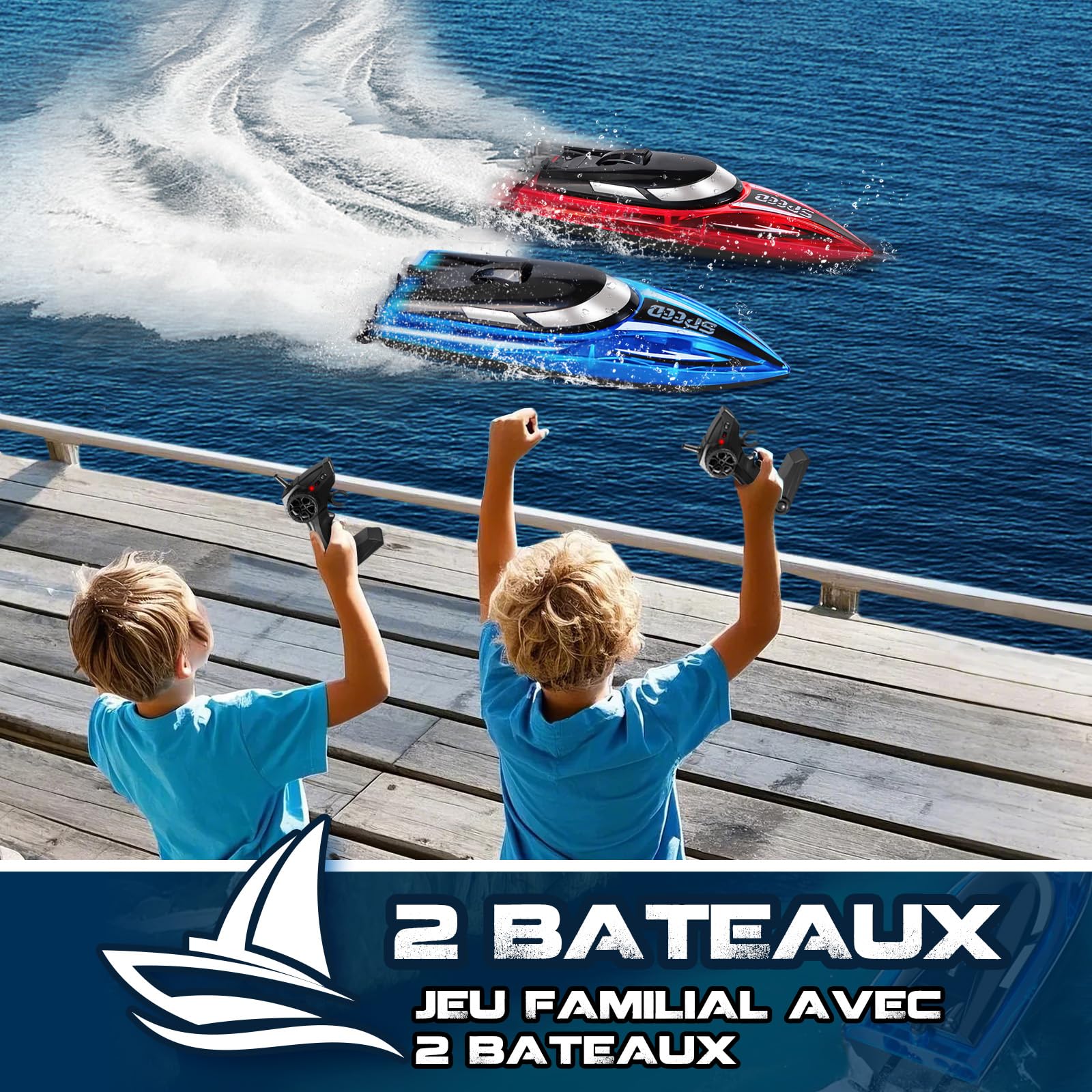 JONRRYIN Bateau Télécommandé 2 Pièces, Bateau Telecommandé Enfant pour Piscines et Lacs, 2,4 GHz RC Bateaux de Course avec Lumières LED et Alarme de Batterie Faible pour Enfants et Adultes
