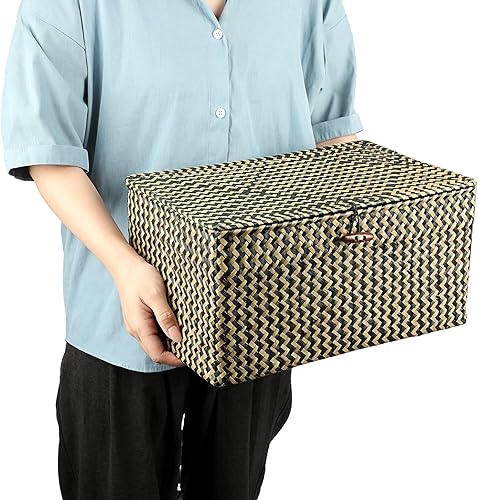 Vista 135 de Hipiwe Cestas de mimbre con tapa, cesta de pastos marinos tejida a mano, cestas rectangulares para el hogar, cajas para estantes, armario, Café