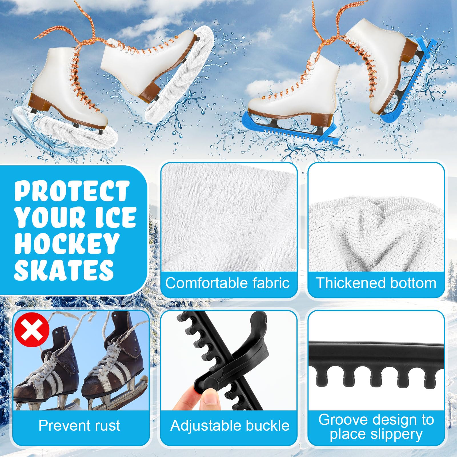Liliful 8 Stück Skate Guards Skate Kufenschutz Abdeckungen Handtuch Eisbeutel Set Eisschutz für Erwachsene Hockey Winter Supply