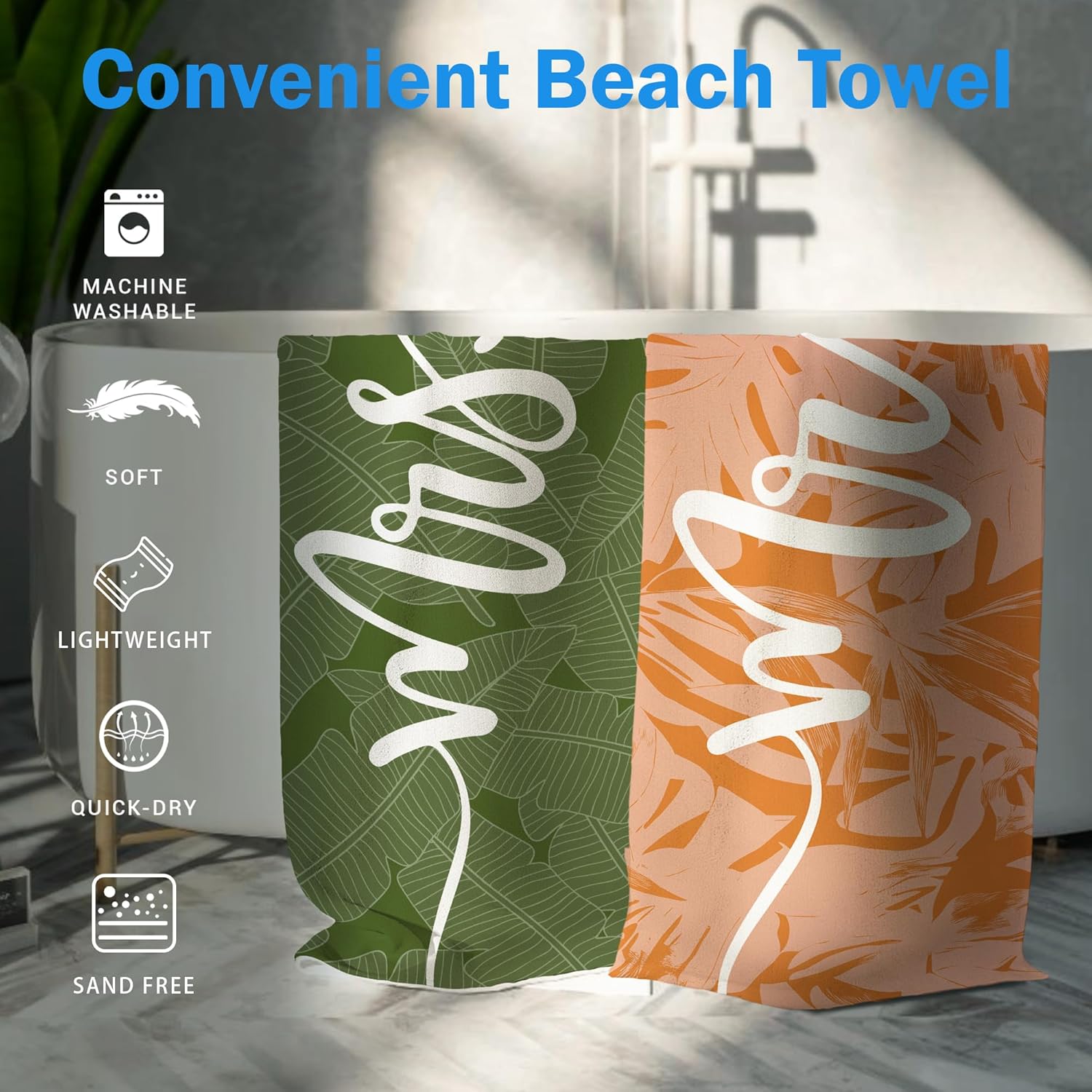Couple Mr Mrs Beach Towel Set of 2, Honeymoon Wedding Valentines Beach Towels Gifts for Bride Groom Newlywed,Green and Orange Botanical Quick Dry Towels Oversized Decor for Bathroom 30x60in - Image 6
