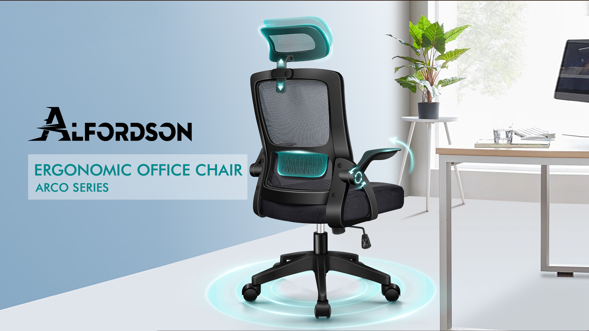 Chaise Ergonomique Lombaire ALFORDSON Chaise De Bureau Ergonomique En Maille - Appui-Tête Réglable, Accoudoirs Rabattables - Noir Bureau Avec Rangement